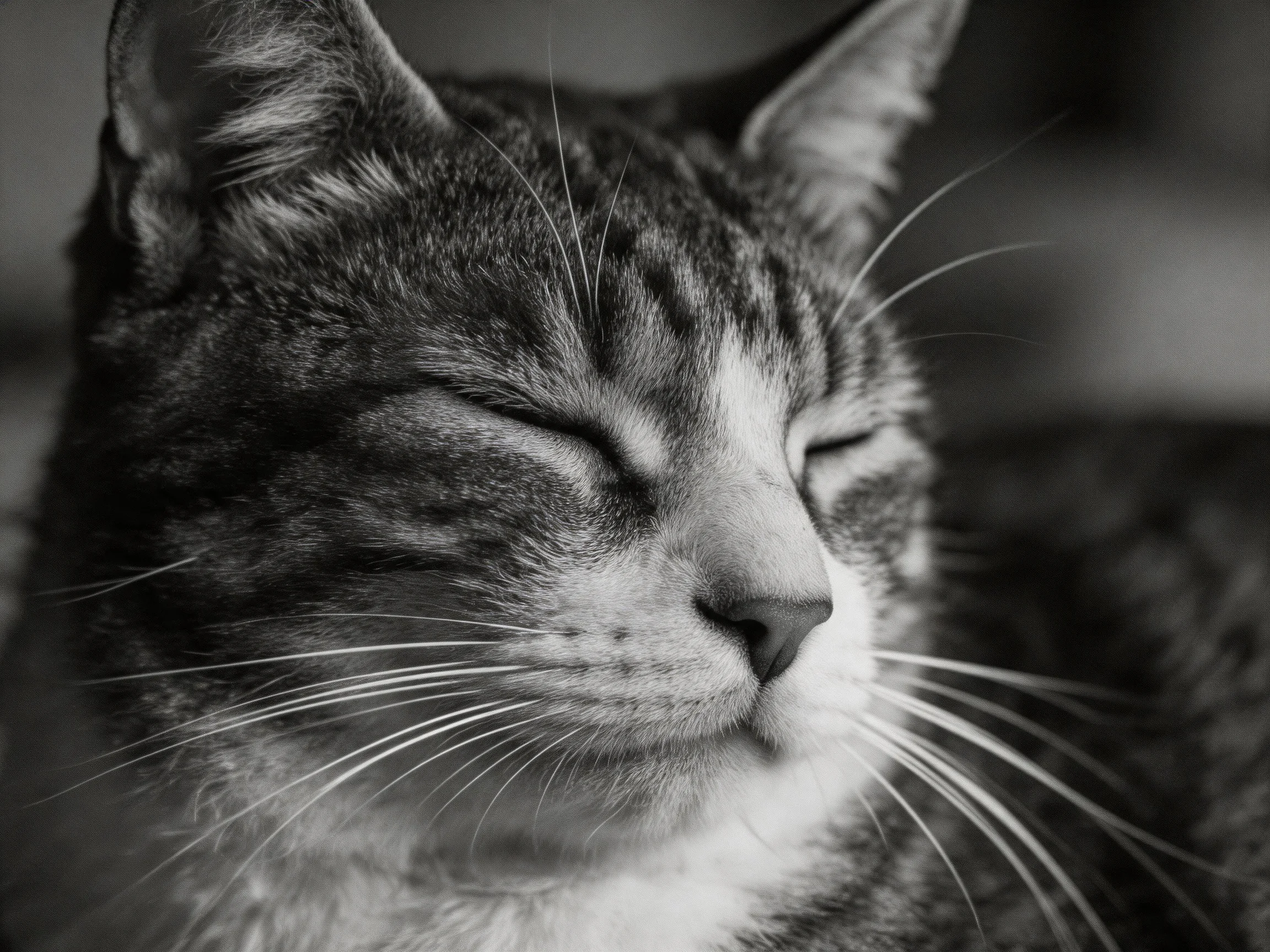 A close - up of a content tabby cat with closed eyes in a monochrome photograph.