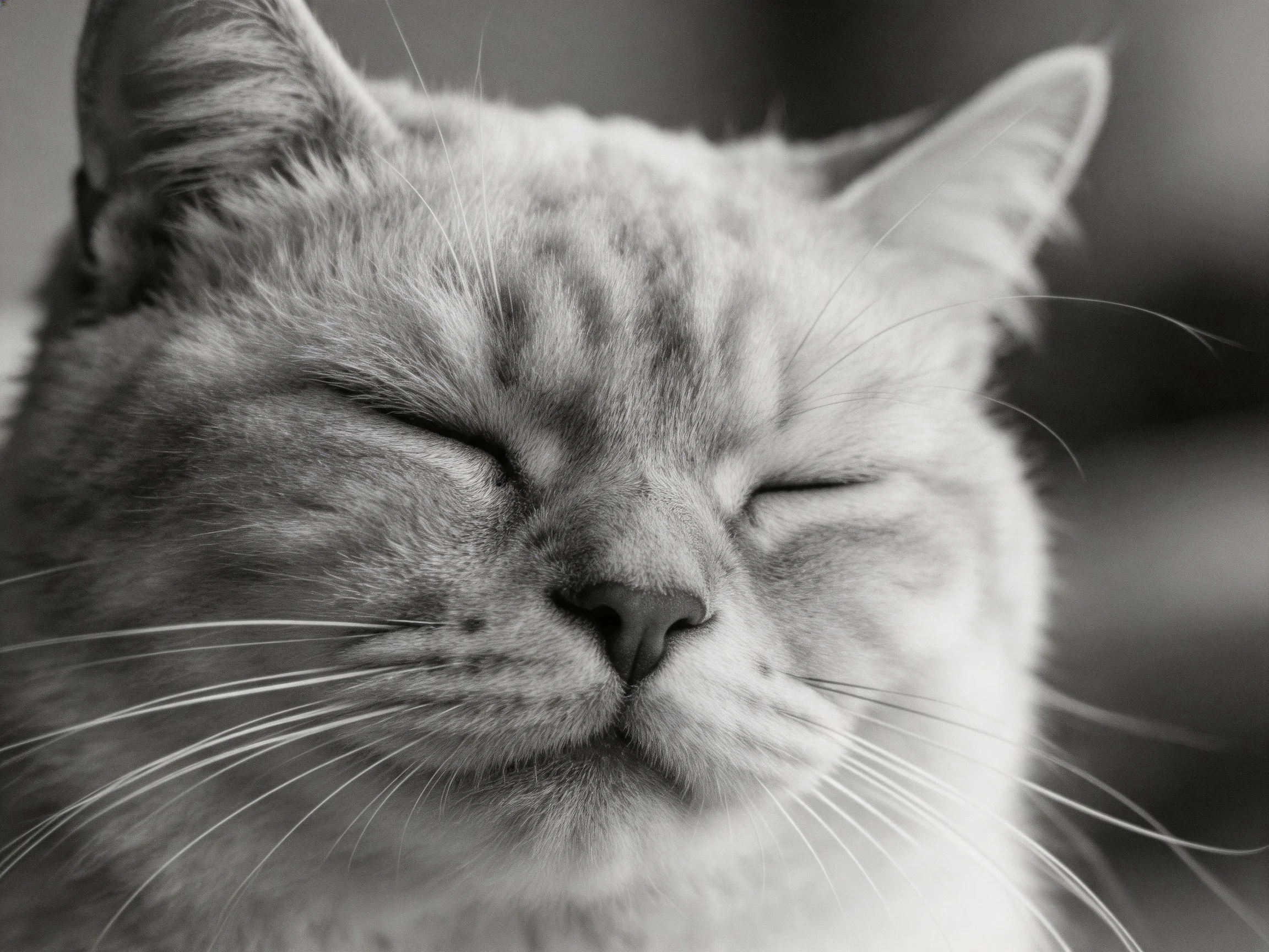 A black - and - white close - up shows a content tabby cat with shut eyes.