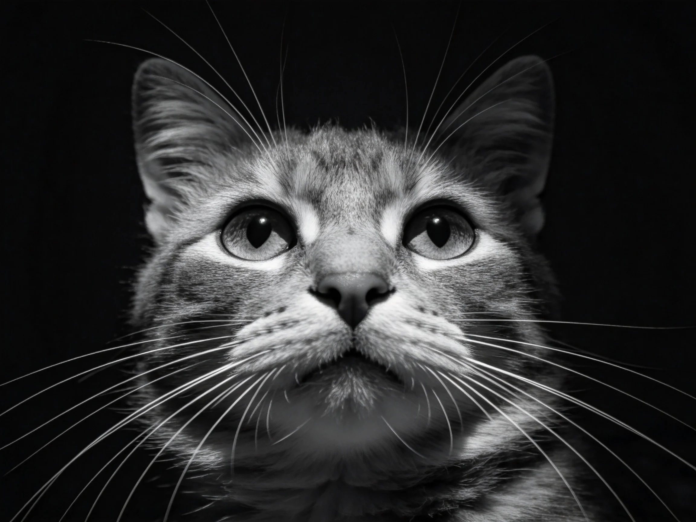A close - up black - and - white portrait of a curious tabby cat