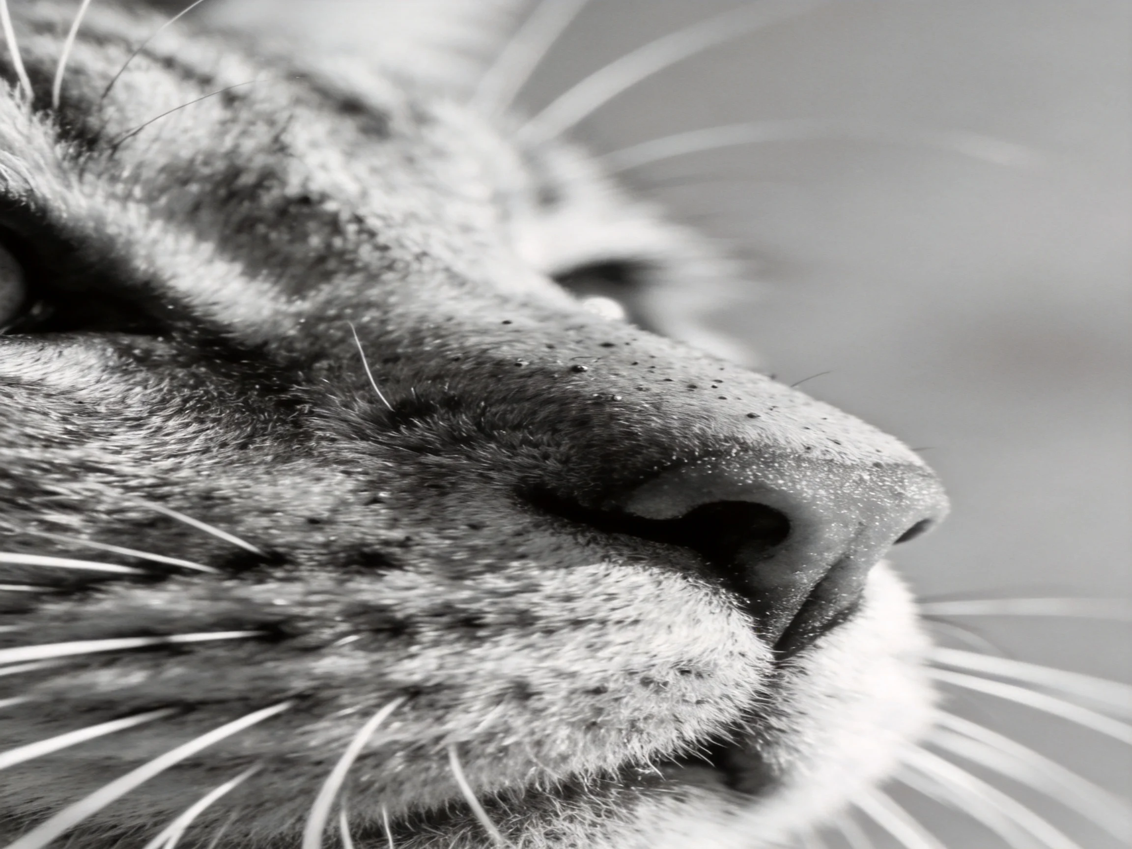 A close - up black and white view of a cat’s facial features and whiskers