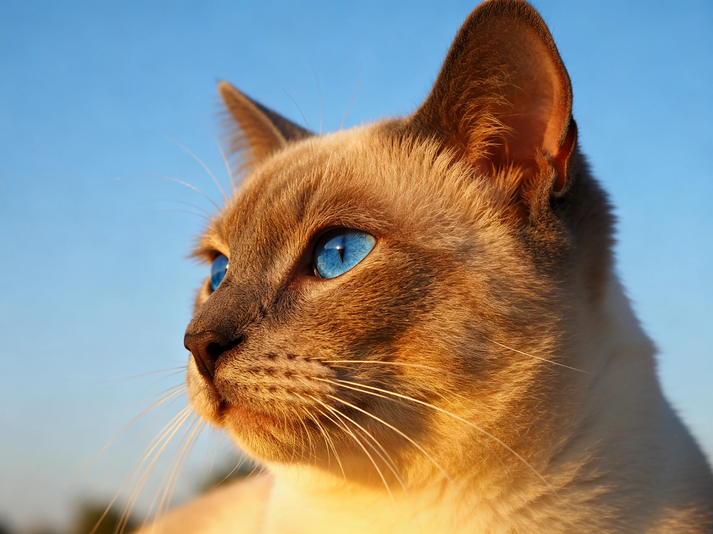 A close - up of a Siamese cat with striking blue eyes against a clear sky