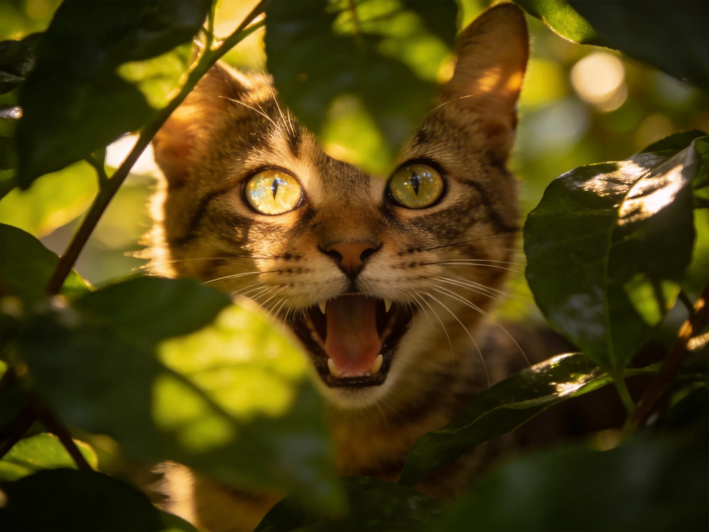A brown - spotted cat with wide eyes peers through greenery in a sunlit setting.