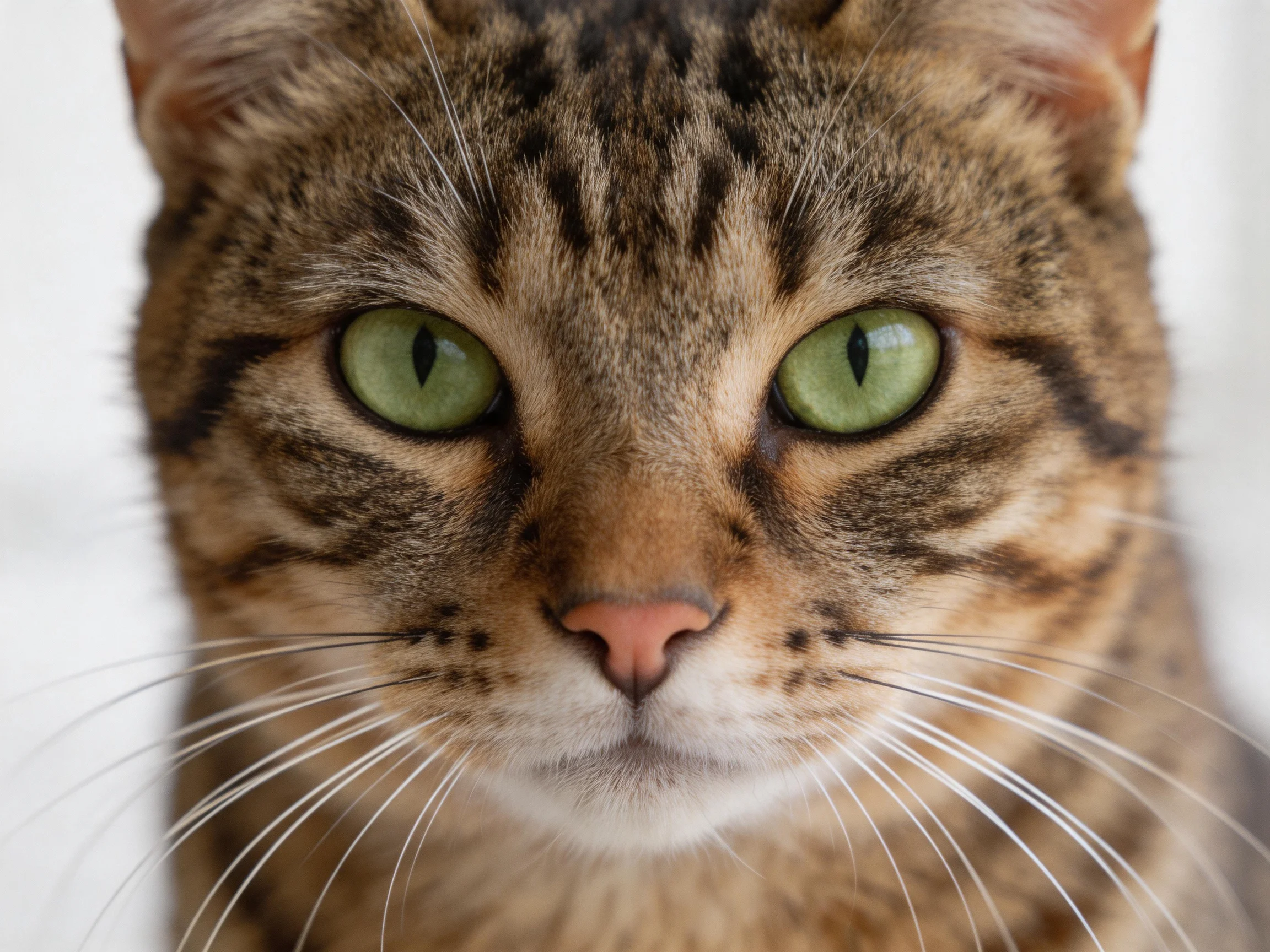 A close - up shows a tabby cat with striking green eyes.