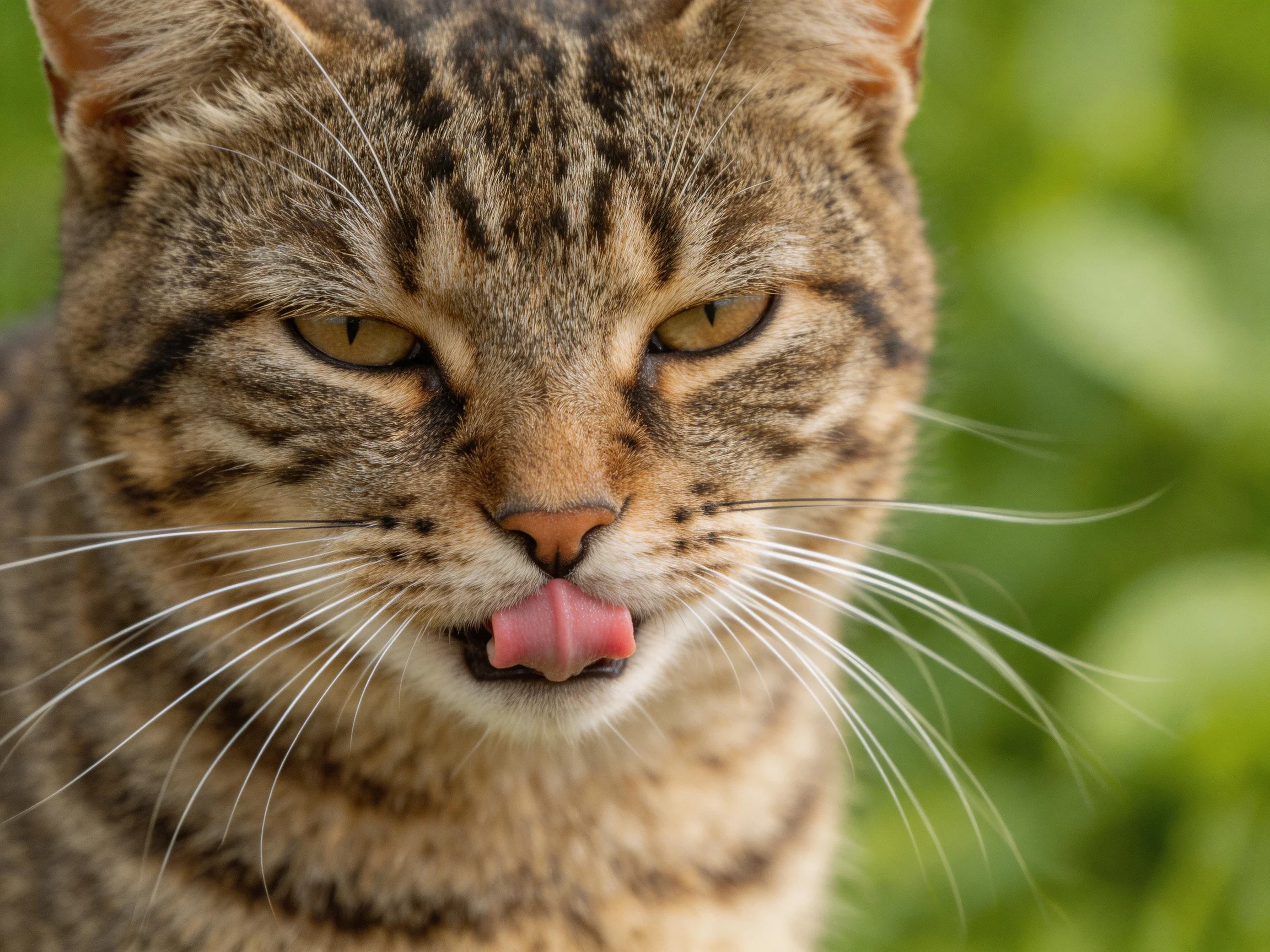 A brown tabby cat licks its nose amid a softly blurred green backdrop.