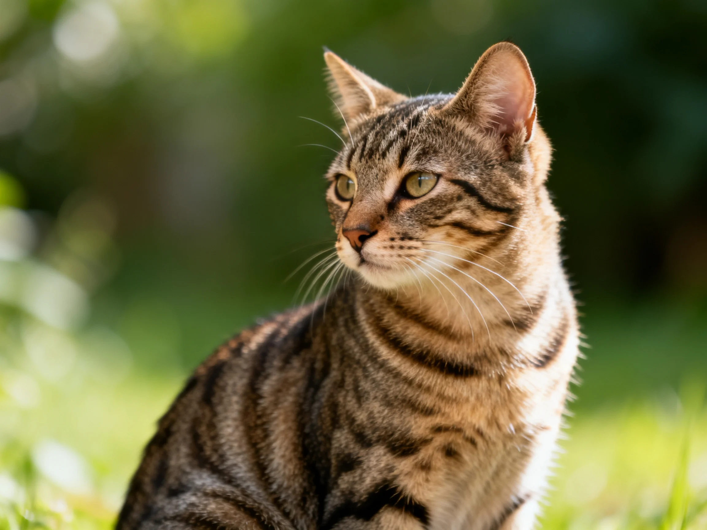 A brown tabby cat sits alertly among greenery in an outdoor setting.