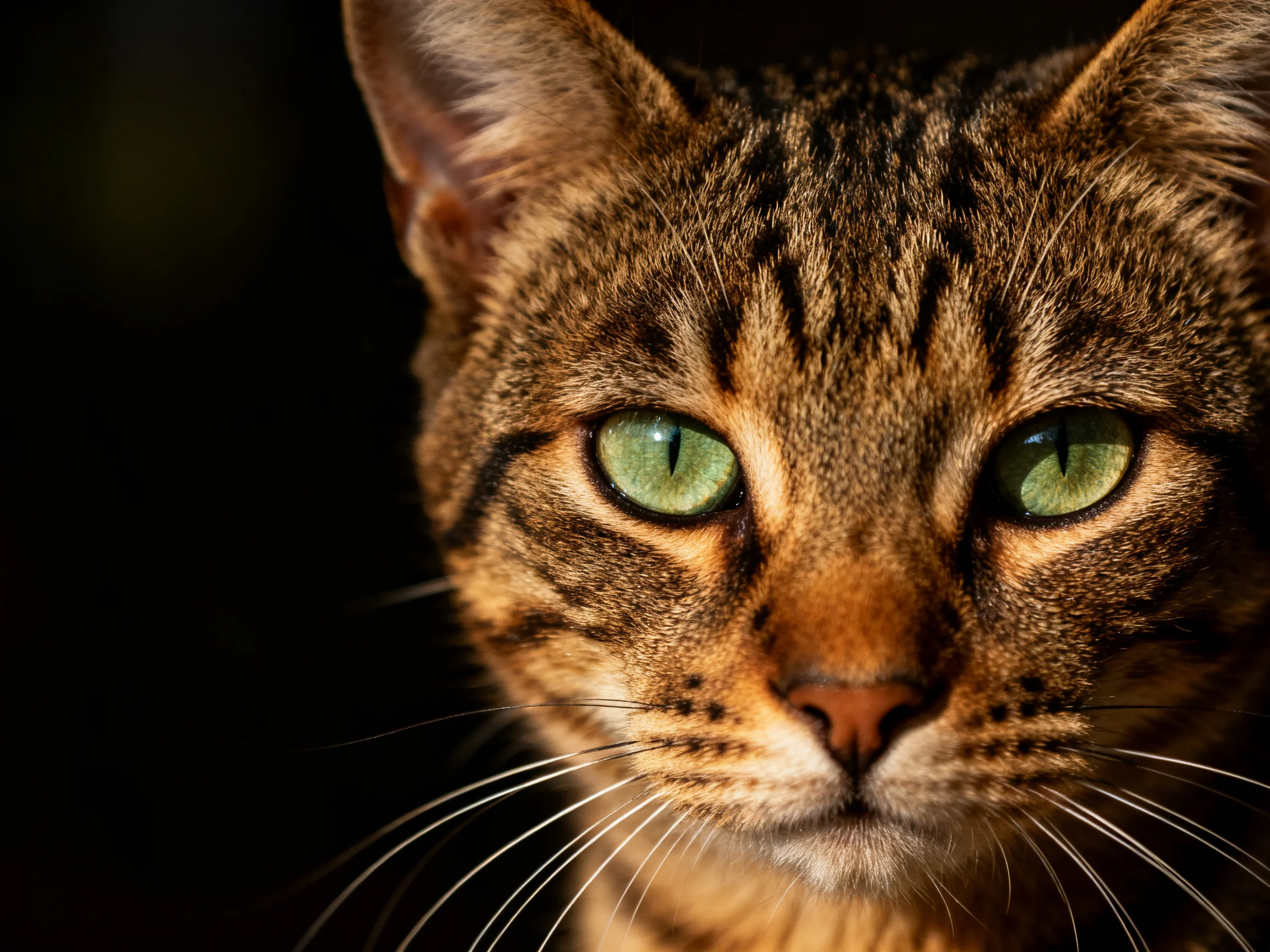 A brown tabby cat with bright green eyes is shown in a close - up against a dark backdrop.