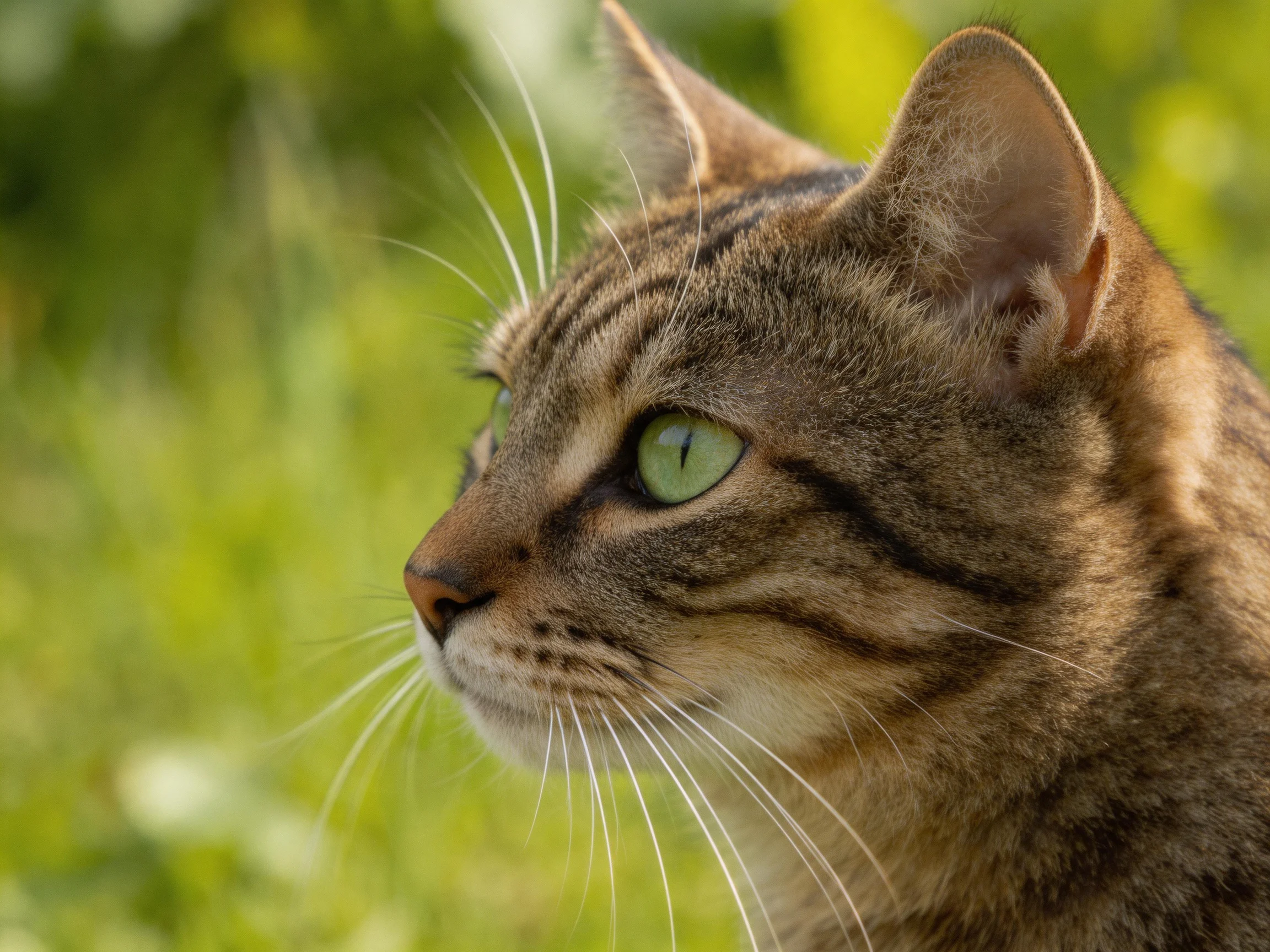 A brown tabby cat with green eyes gazes attentively in a sunlit outdoor space.