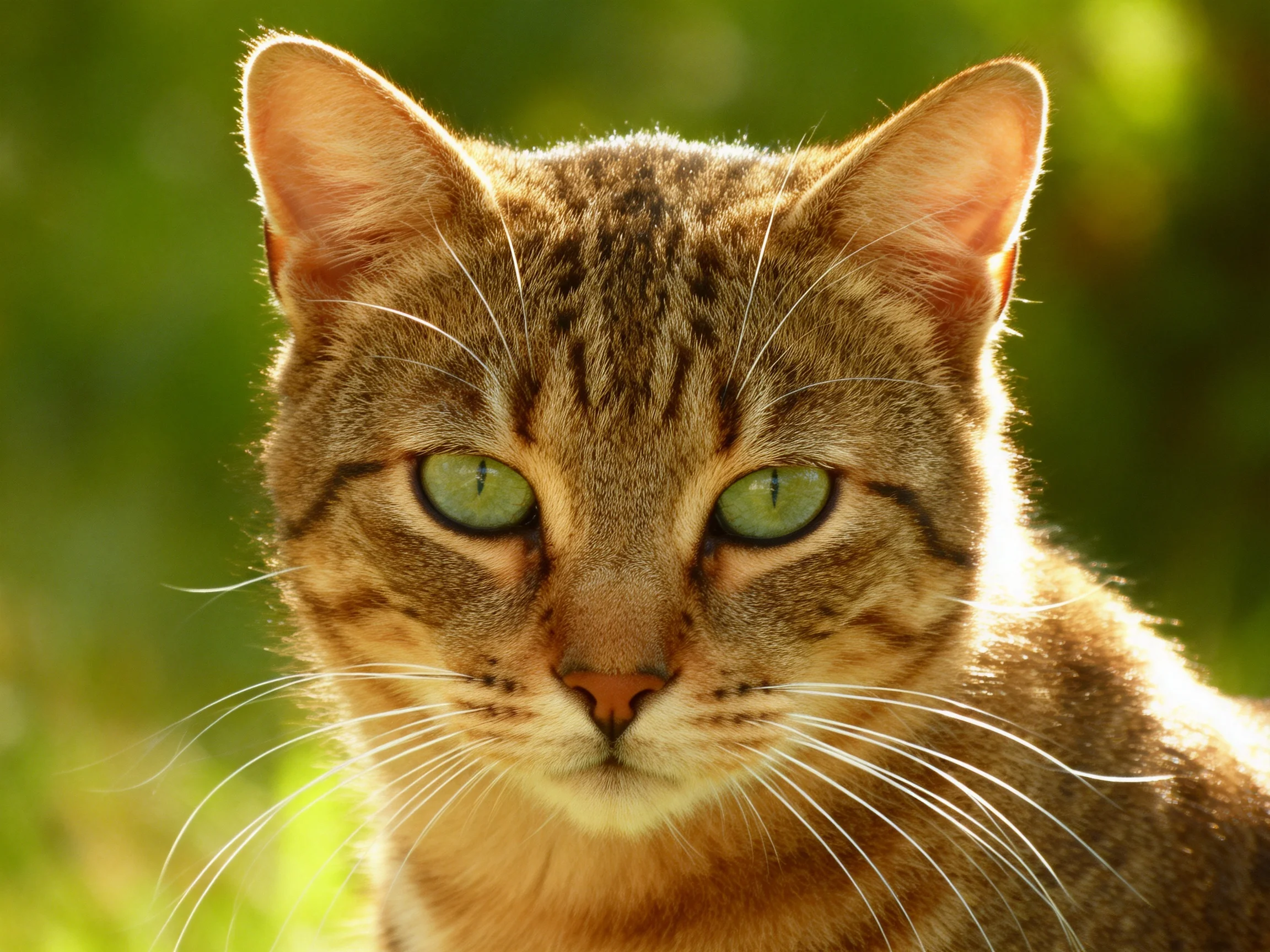 A close - up shows a brown tabby cat with bright green eyes in a sunlit outdoor area.