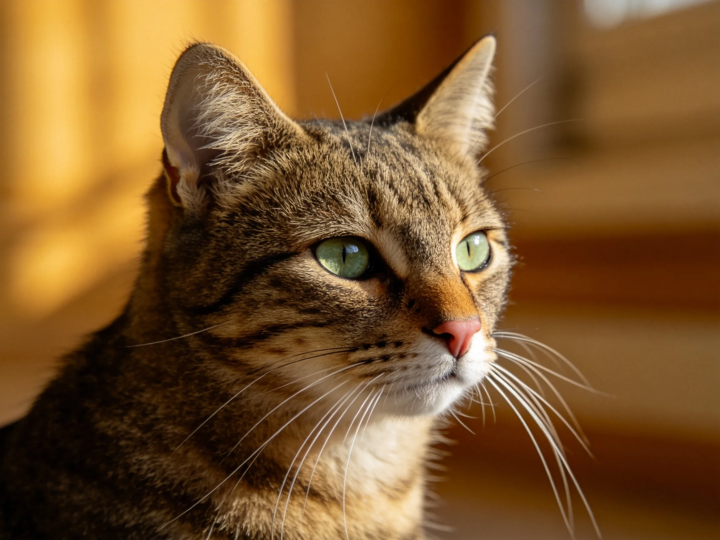 A close - up of a brown tabby cat with bright green eyes in warm indoor light