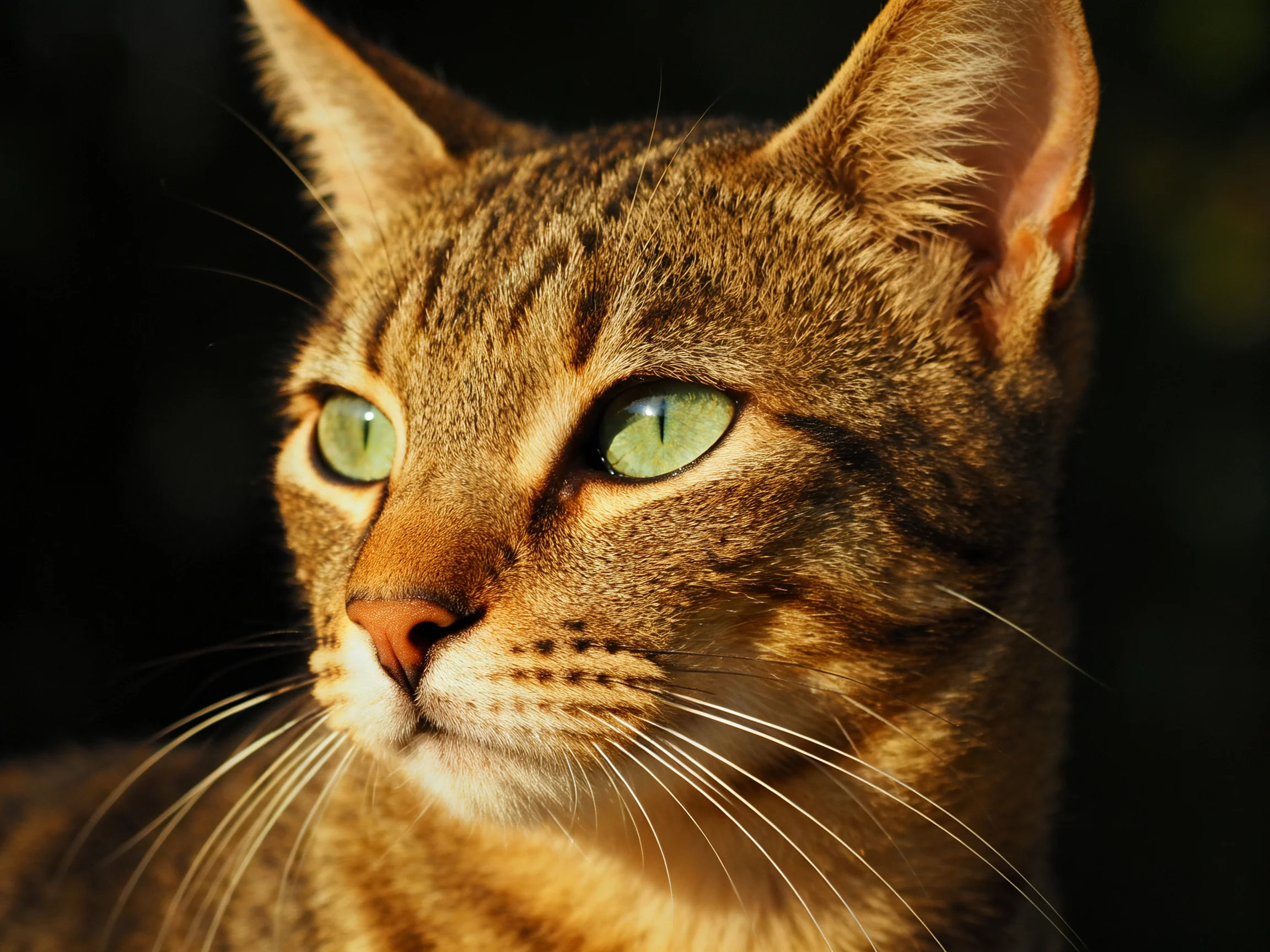 A brown tabby cat with bright green eyes gazes attentively.