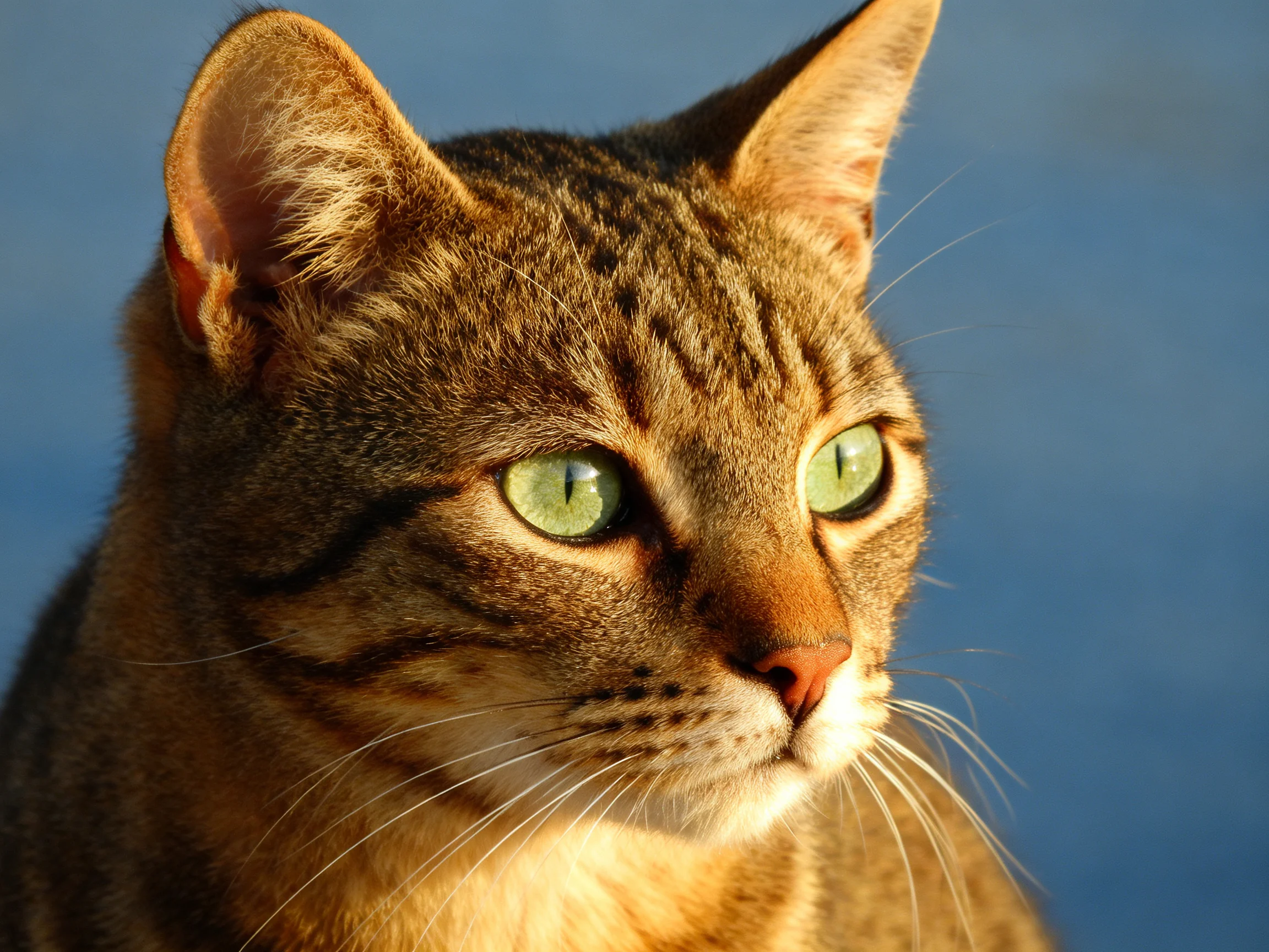 A close - up of a brown tabby cat with bright green eyes