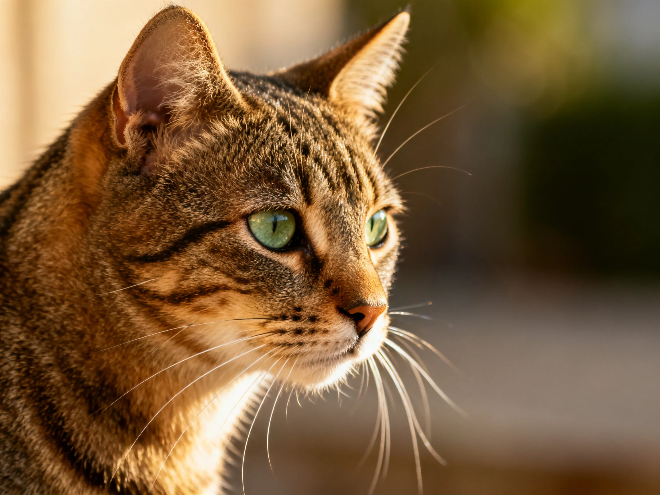 A close - up of a brown tabby cat with green eyes looks intently.