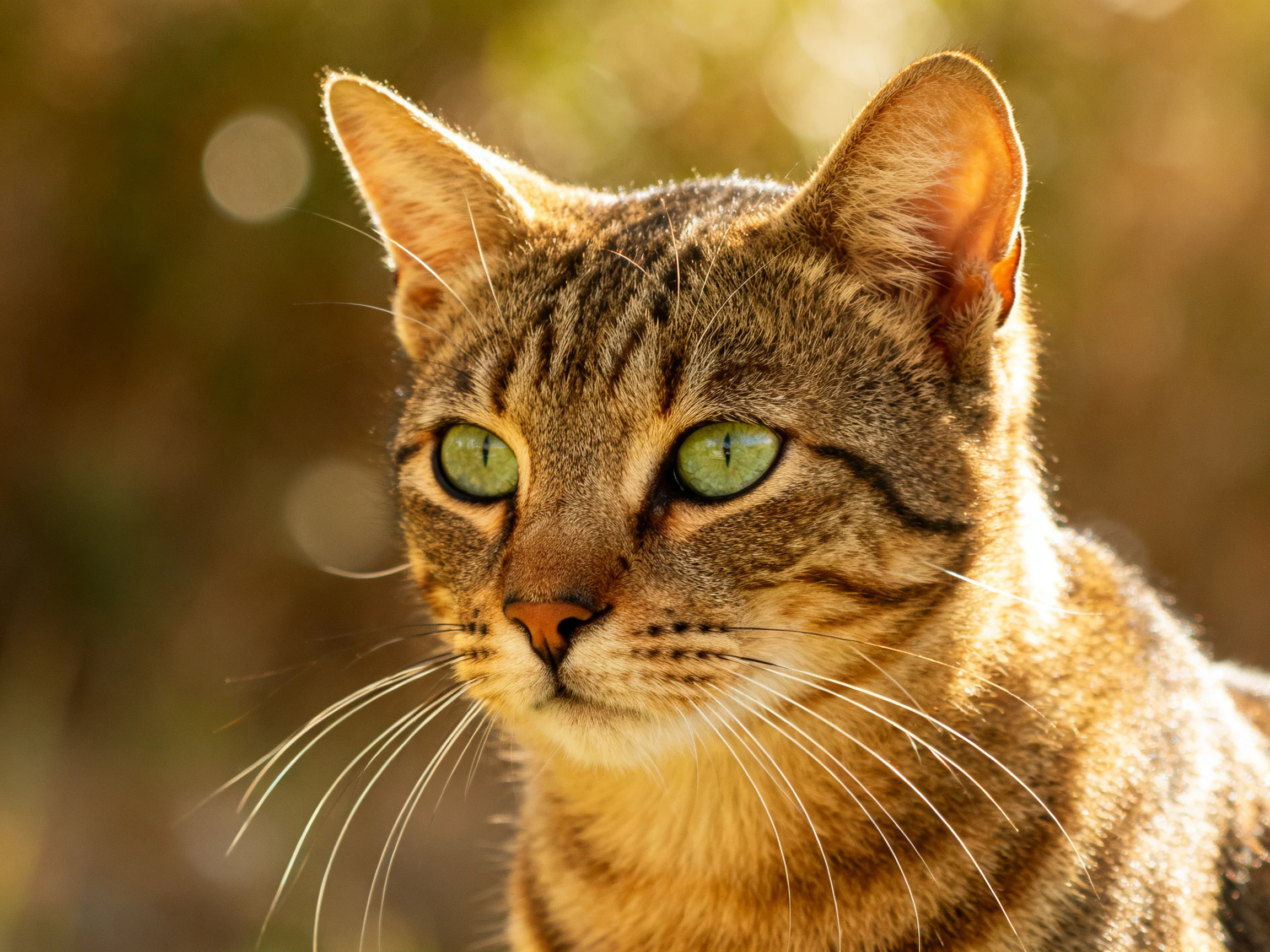 A brown tabby cat with bright green eyes is shown up close in an outdoor environment.