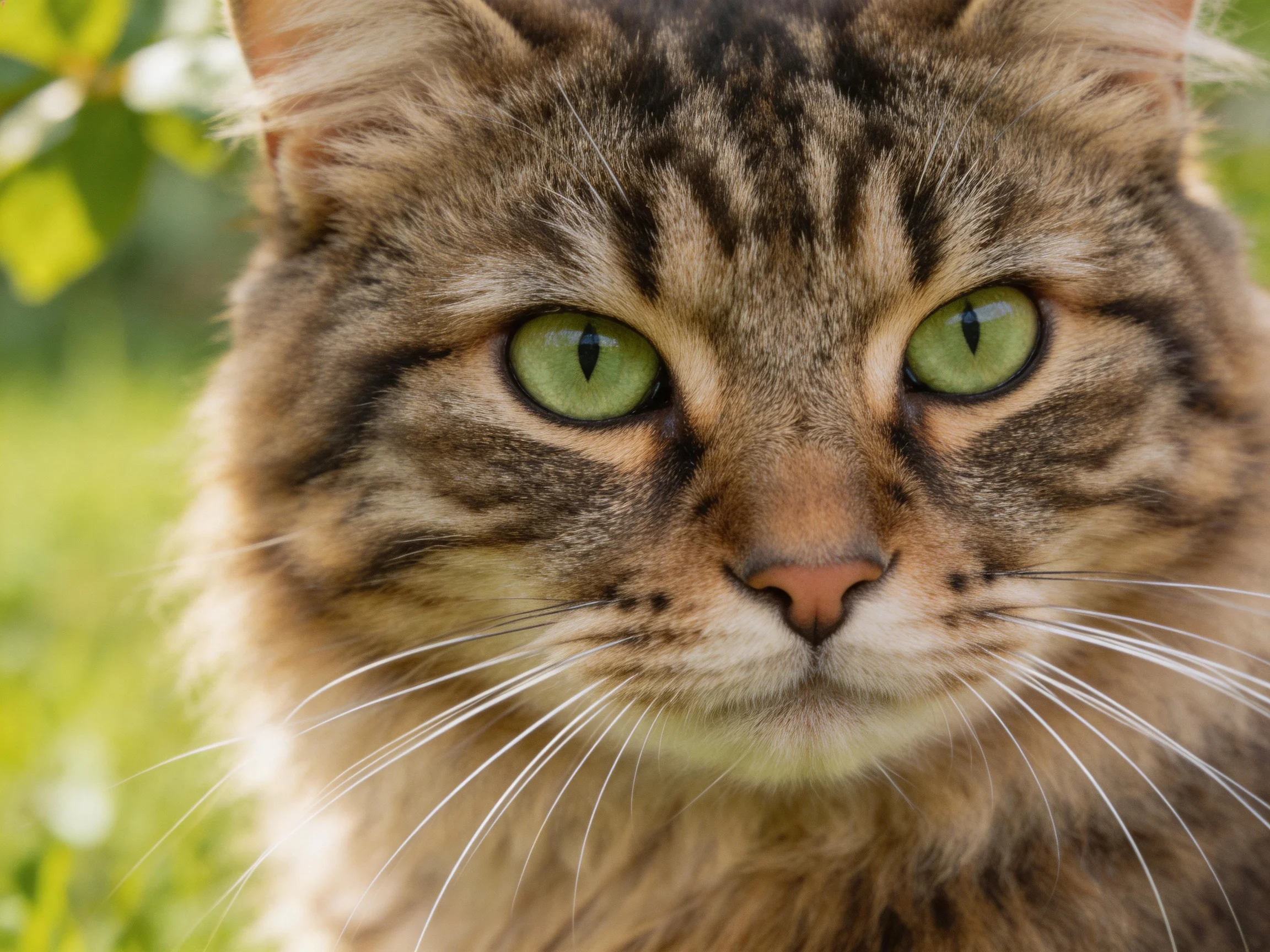 A close - up of a brown tabby cat with green eyes in an outdoor setting.