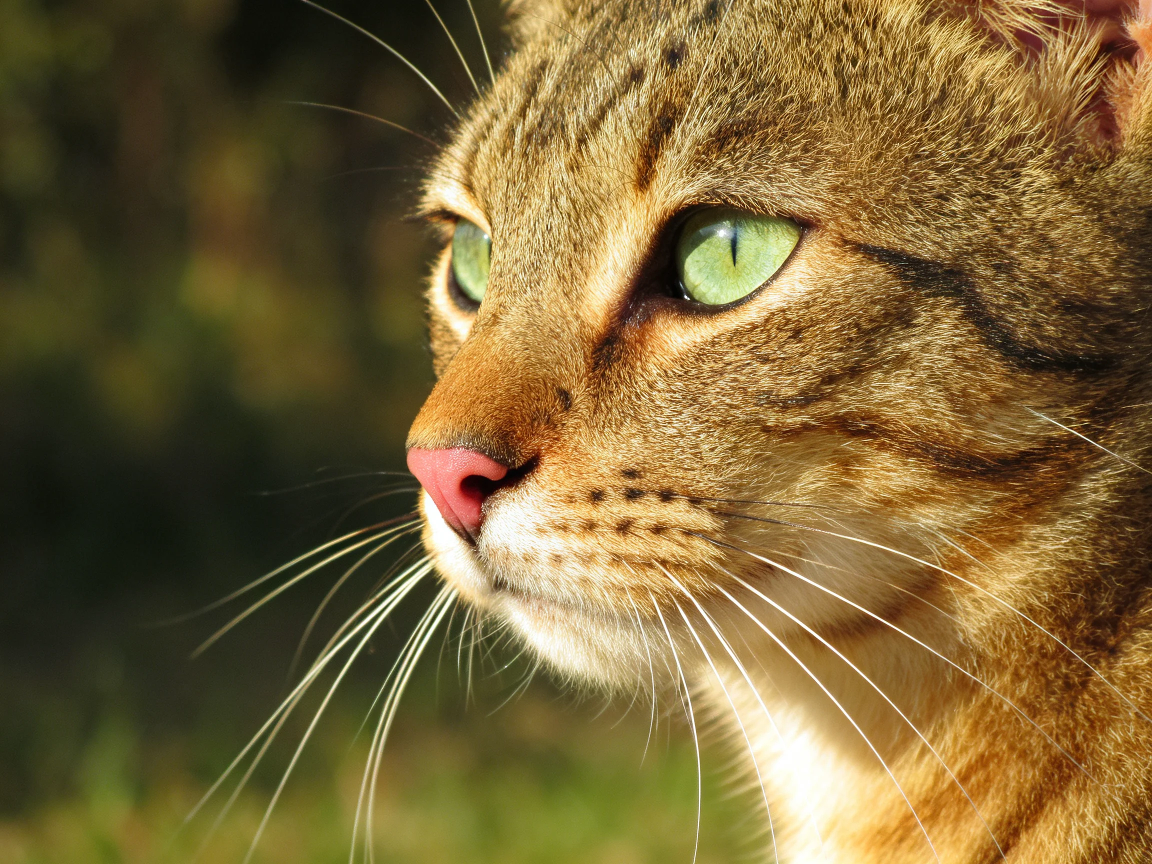 A close - up of a brown tabby cat with bright green eyes