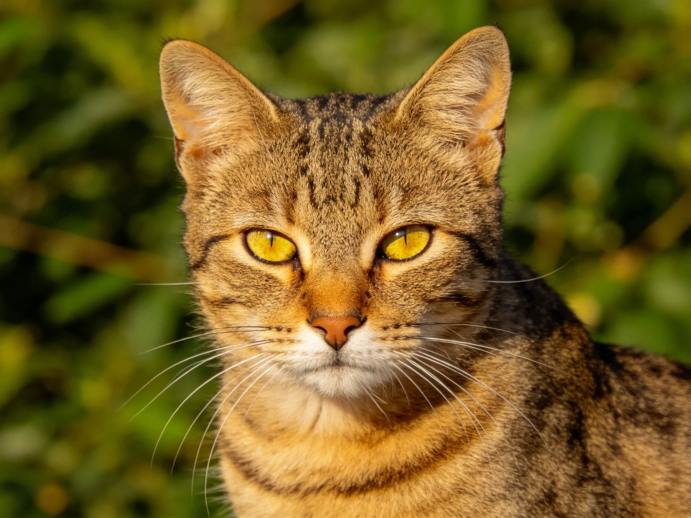 A brown tabby cat with yellow eyes is set against green foliage.