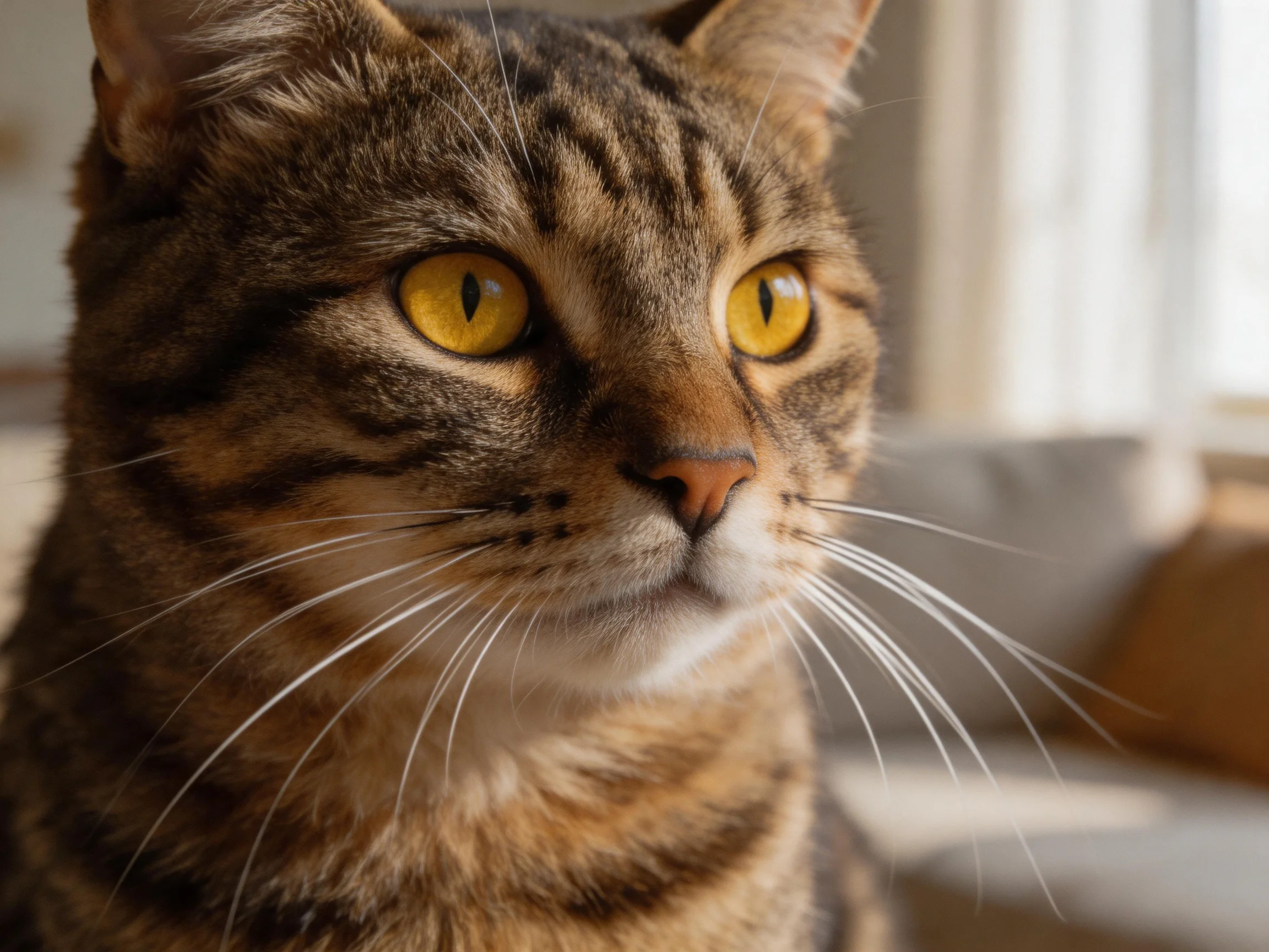 A brown tabby cat with bright yellow eyes sits indoors.