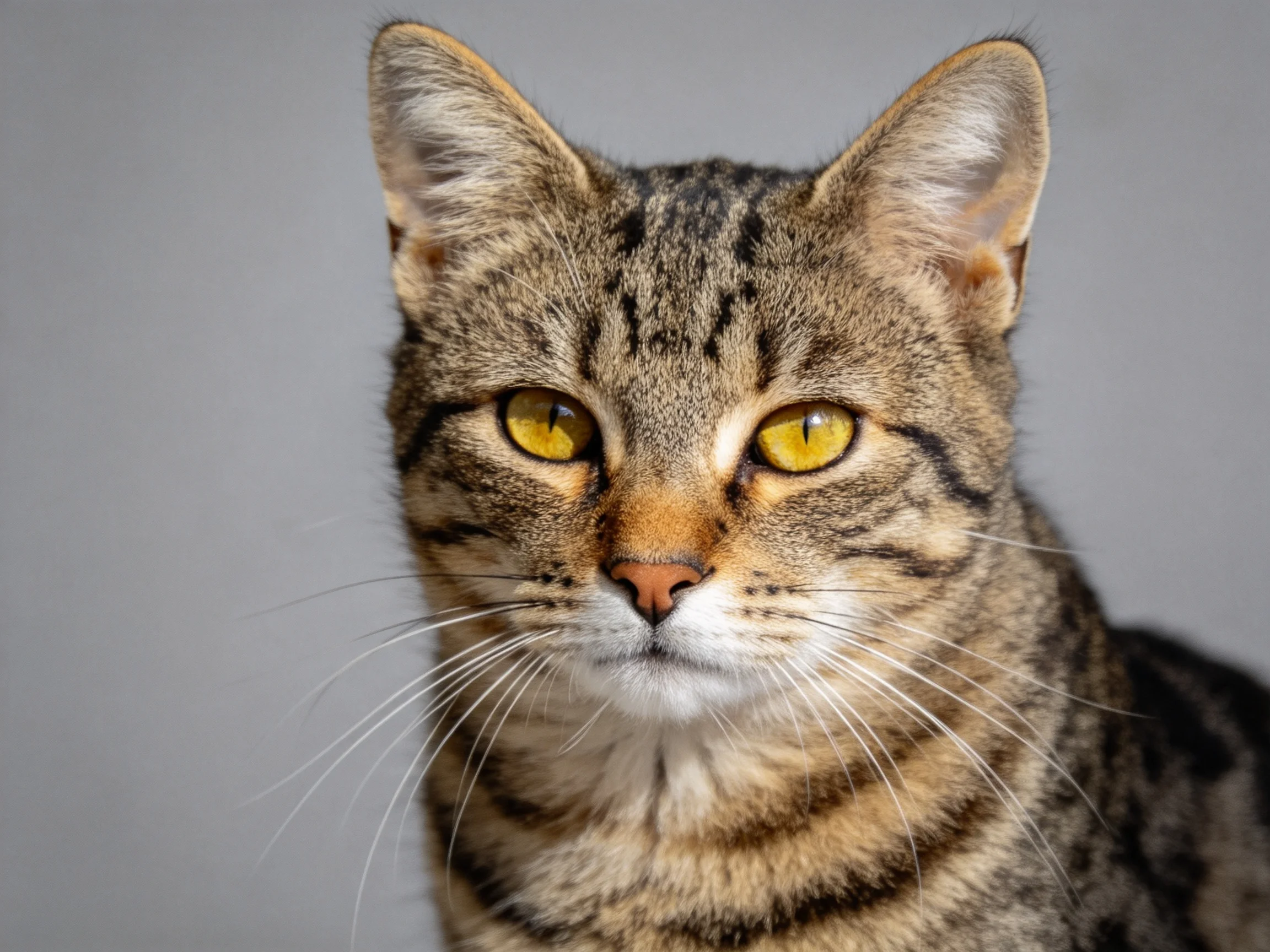 A brown tabby cat with bright yellow eyes looks directly at the viewer.
