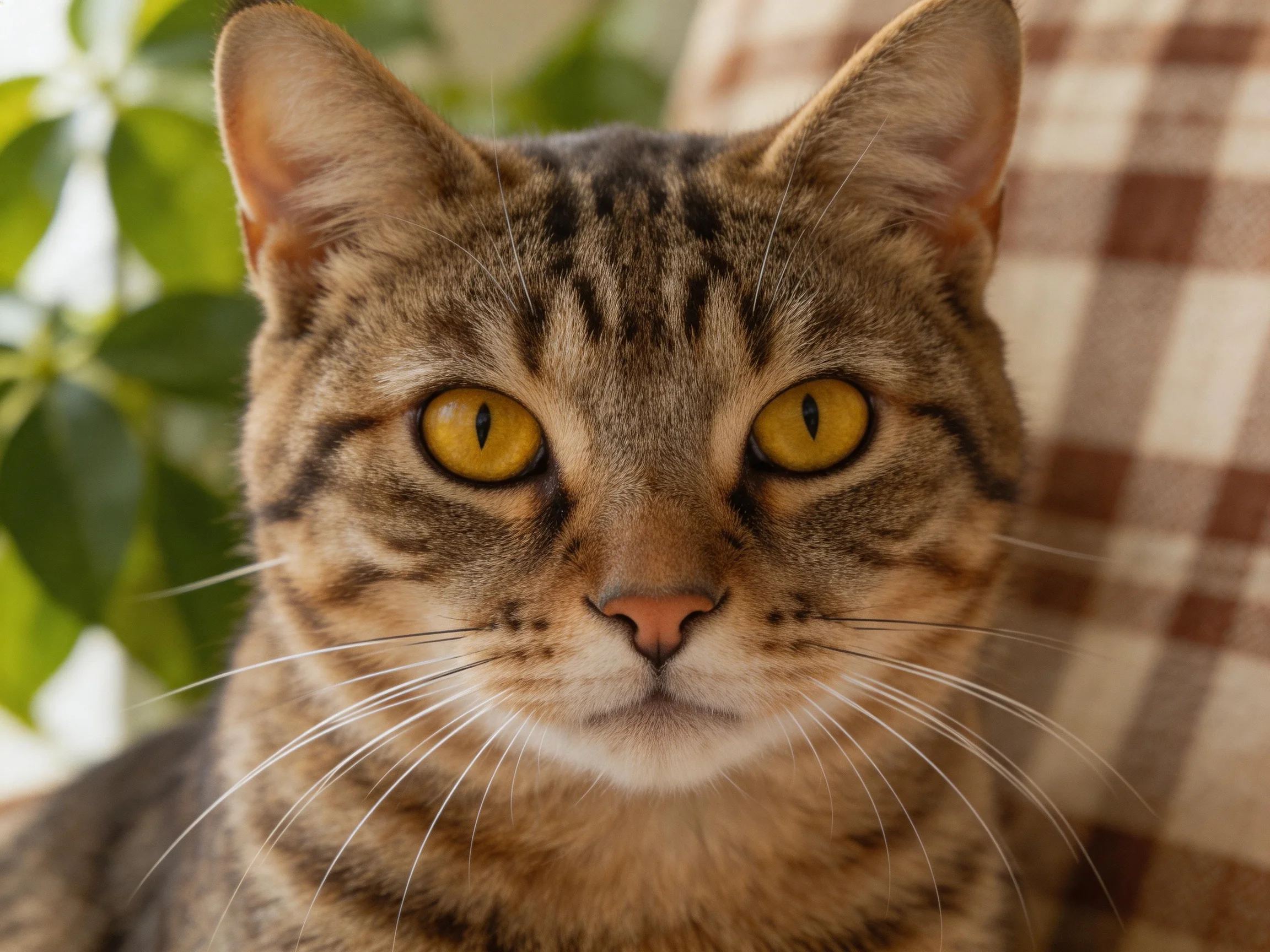 A brown tabby cat with bright yellow eyes is near greenery.