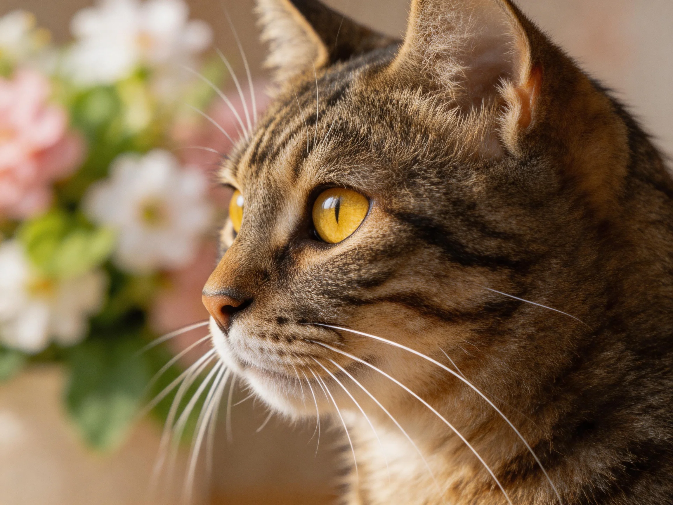 A close - up of a brown tabby cat with bright yellow eyes near pink and white flowers