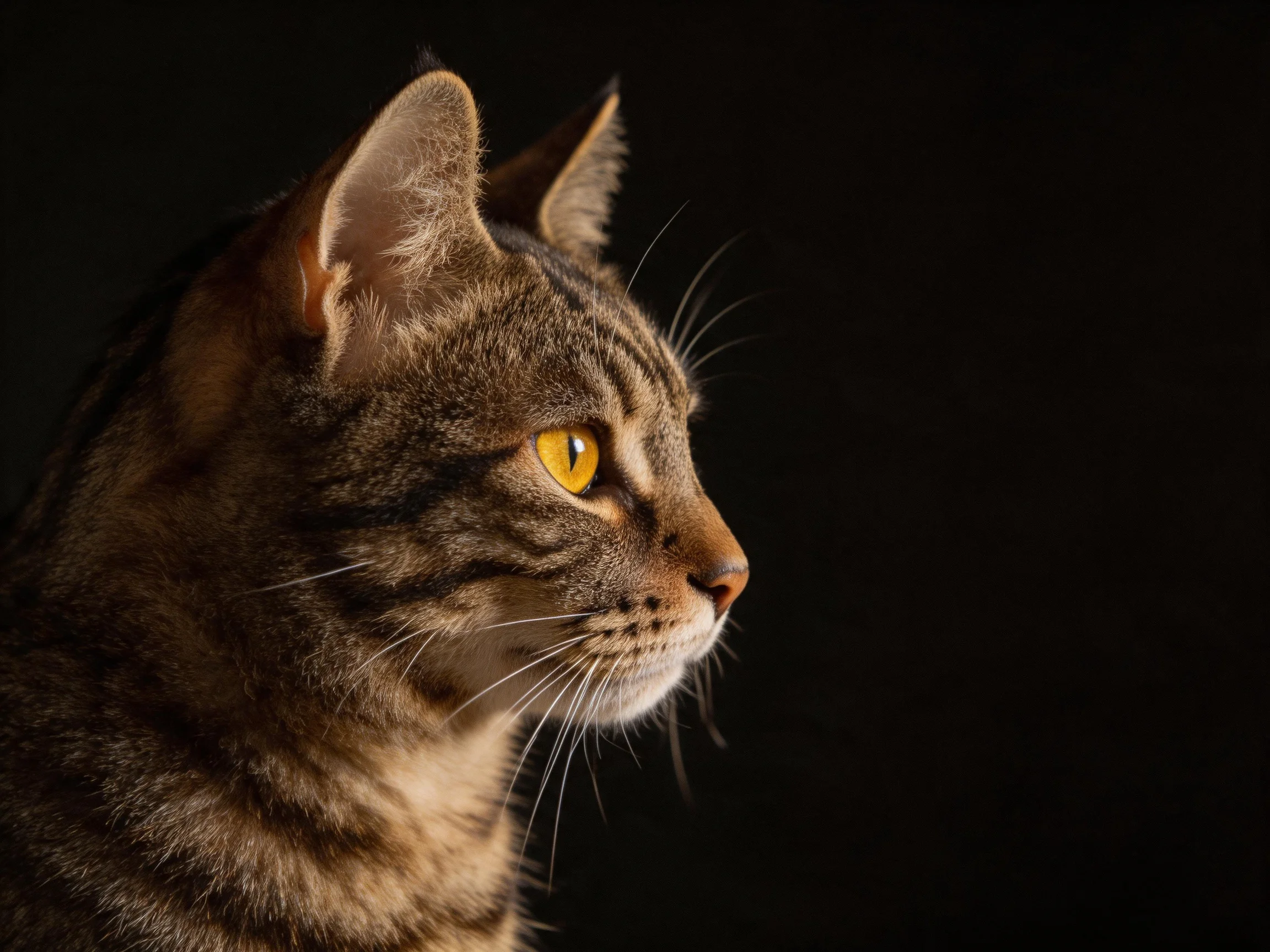A close - up of a brown tabby cat with bright yellow eyes