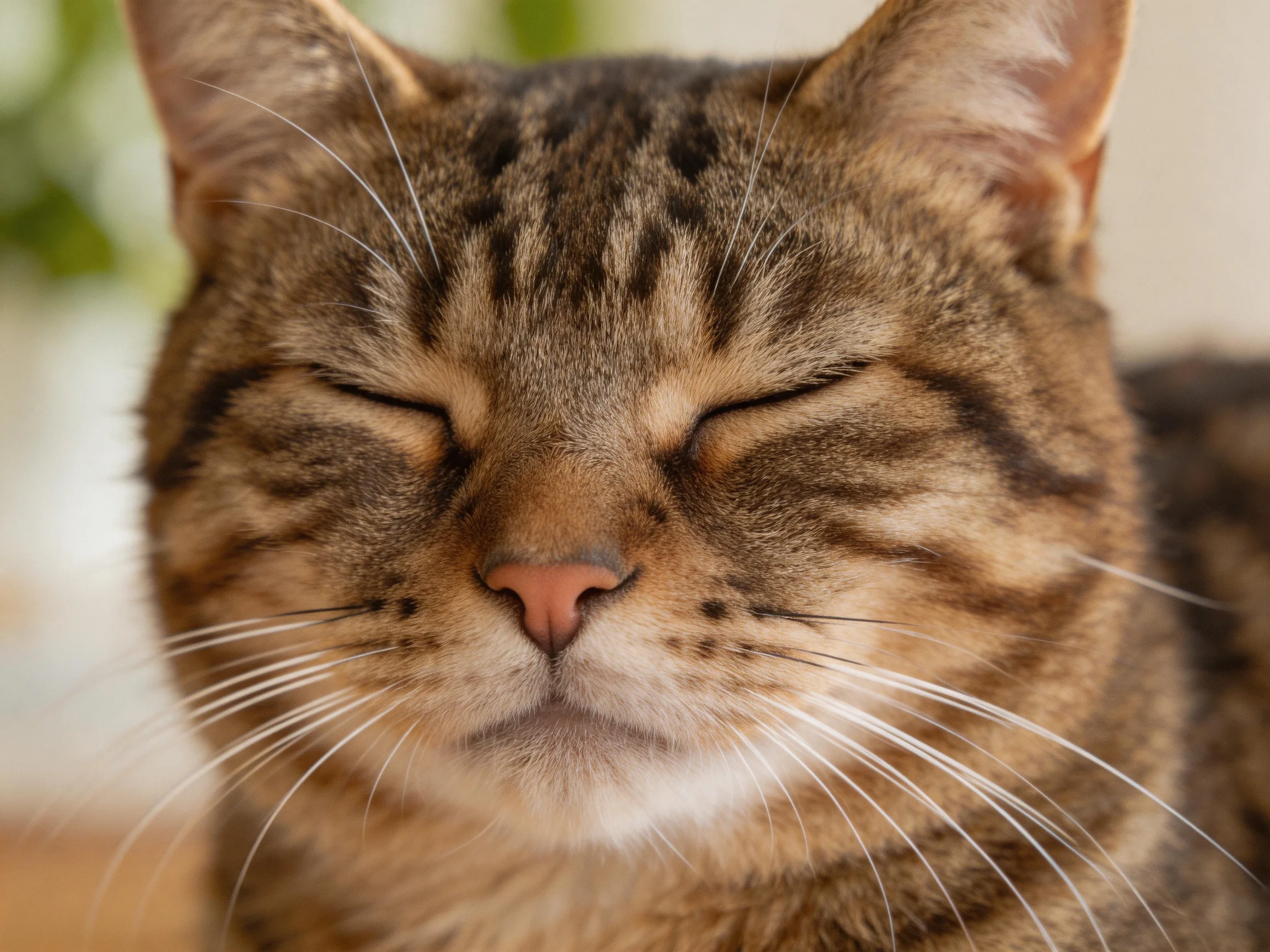 A close - up of a brown tabby cat with closed eyes and distinctive markings
