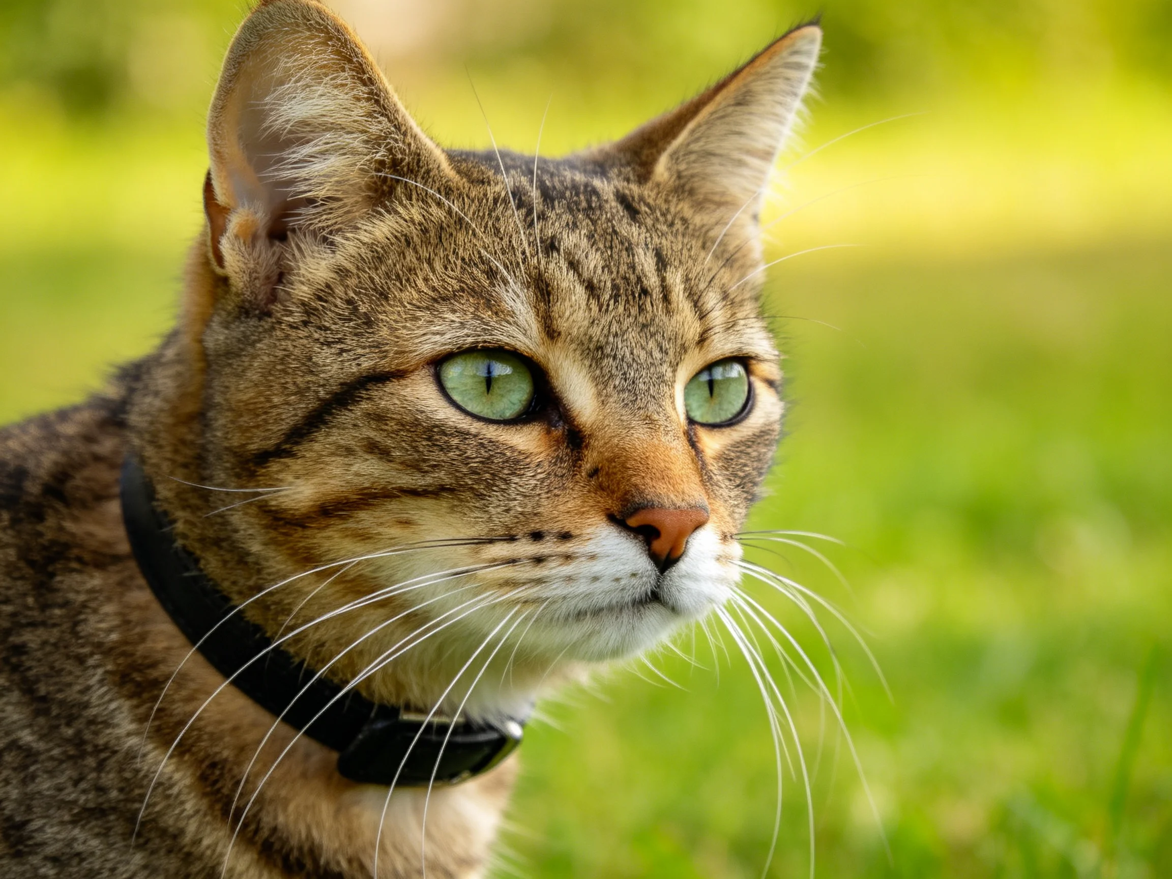 A close - up of a brown tabby cat with green eyes and a black collar in an outdoor setting.