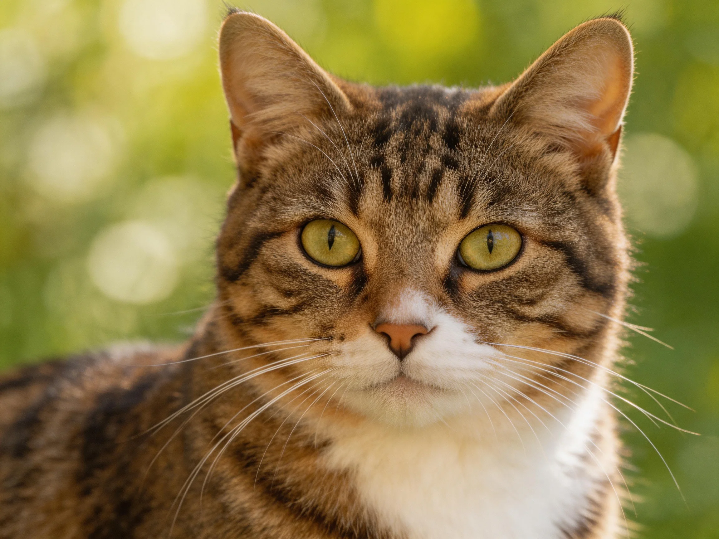 A brown tabby cat with bright green eyes is photographed outdoors.