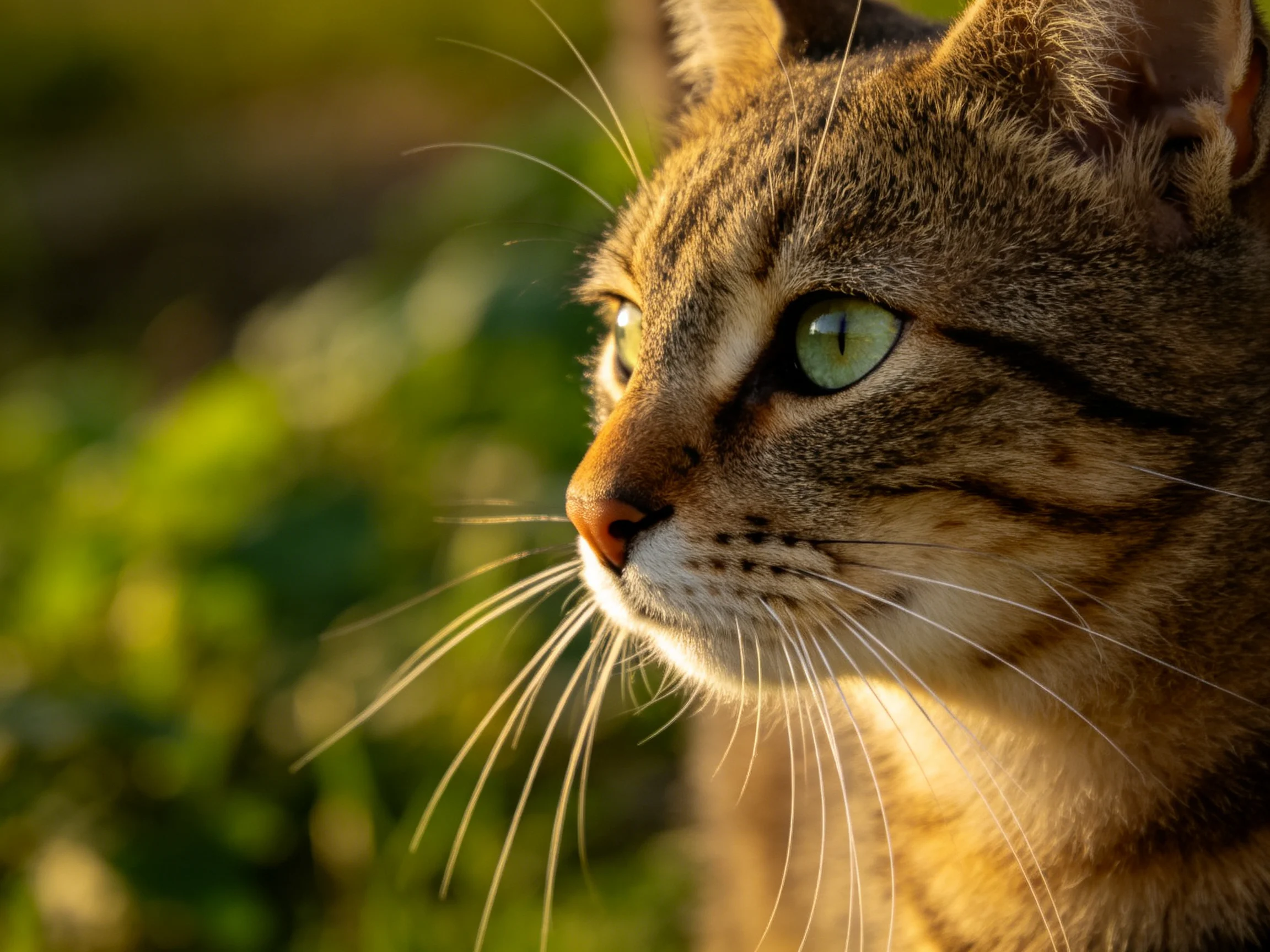 A brown tabby cat with green eyes looks into the distance in natural light.