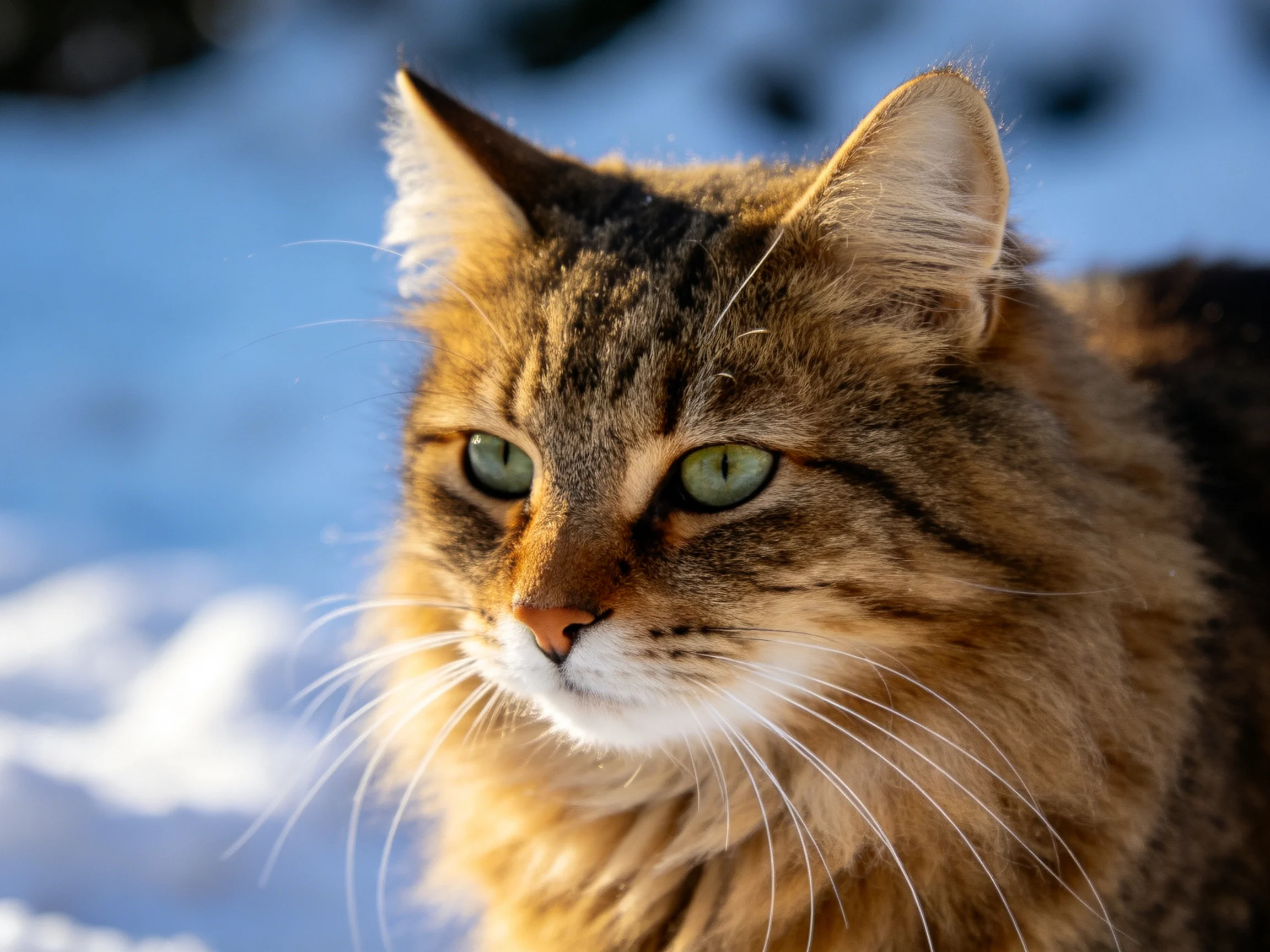 A close - up of a brown tabby cat with green eyes near snow.