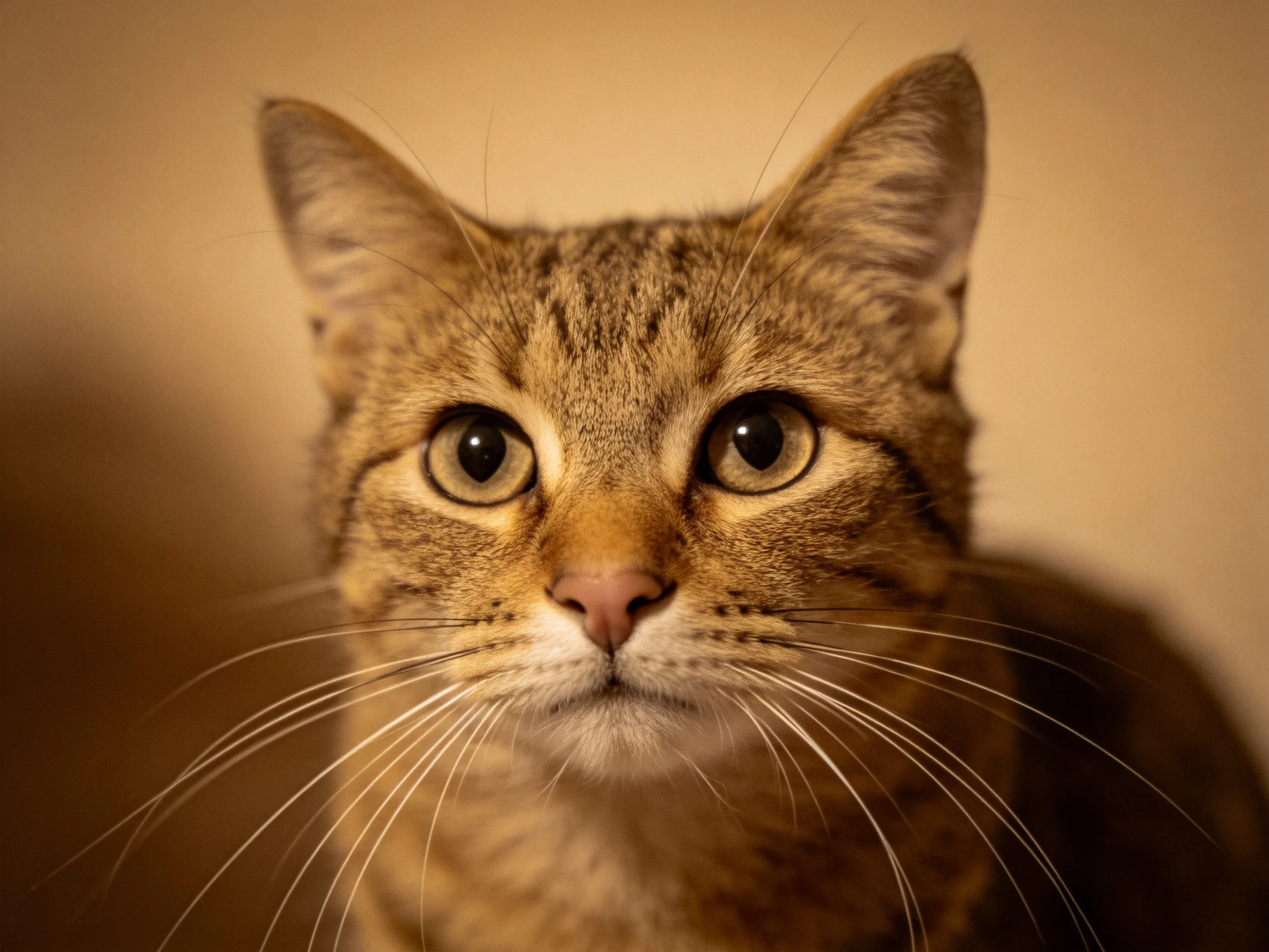 A close - up of a brown tabby cat with striking amber eyes