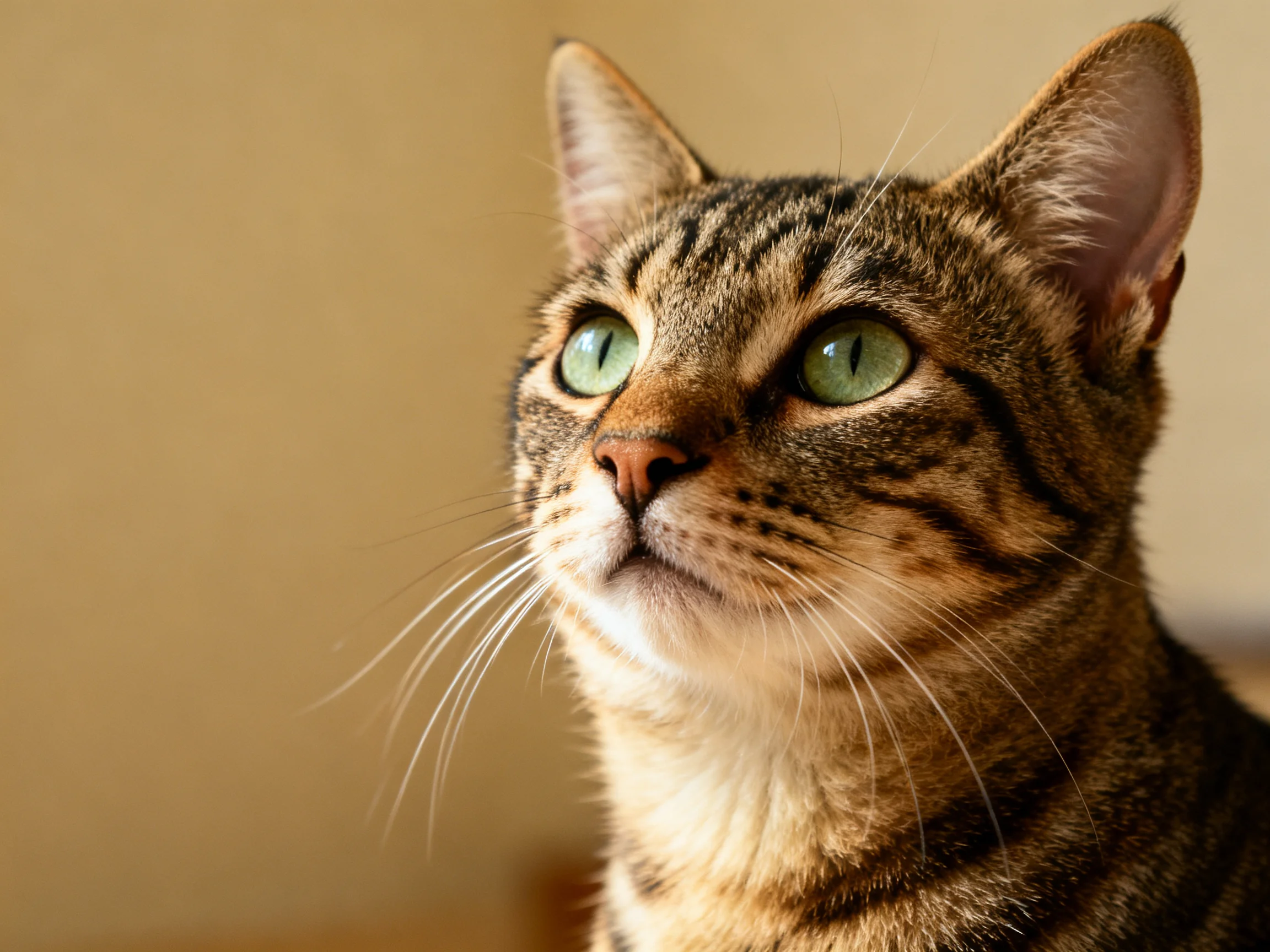 A brown tabby cat with vibrant green eyes gazes upward against a neutral backdrop.