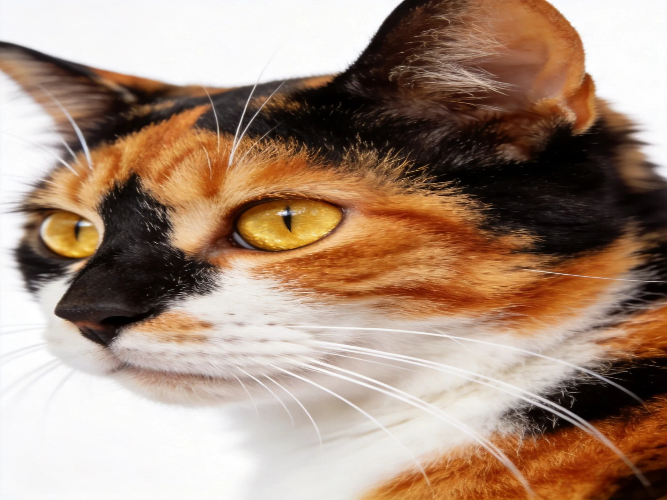 A close - up shows a calico cat with distinct color patches and bright eyes.
