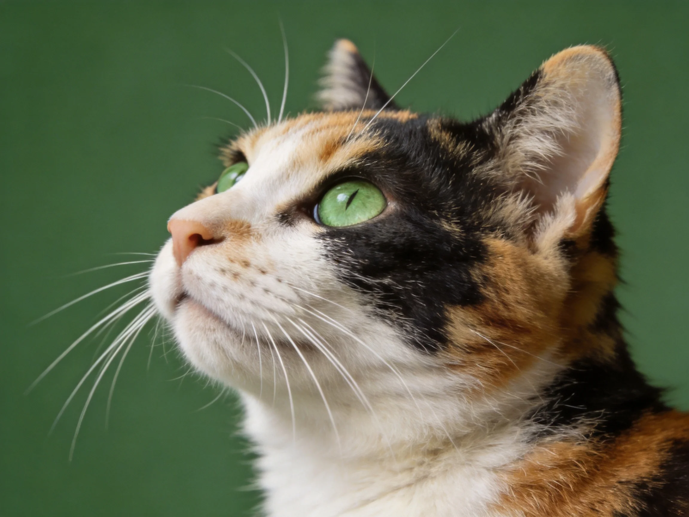 A calico cat with green eyes looks upward against a green background