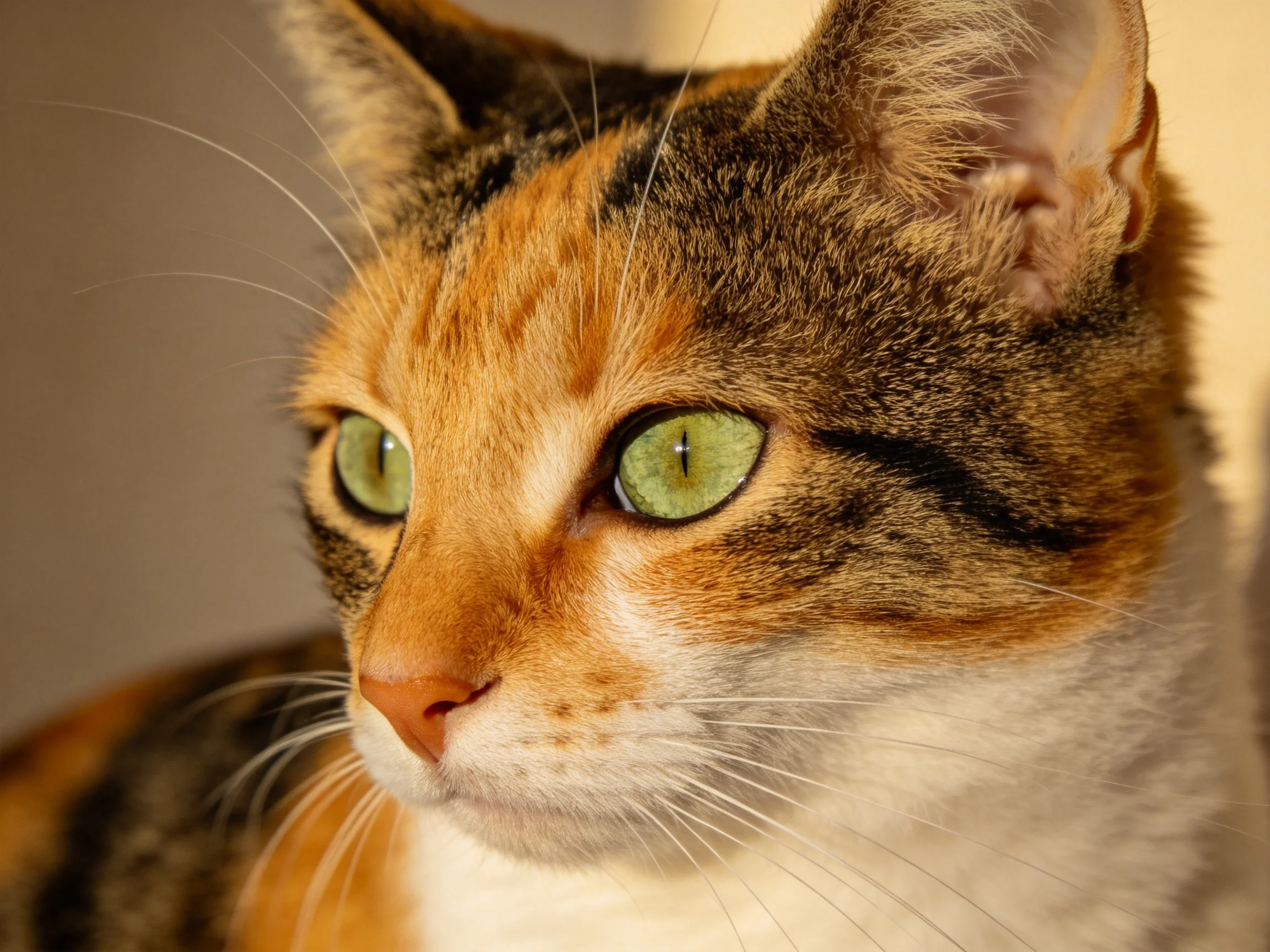 A calico cat with bright green eyes is shown in a close - up photograph.
