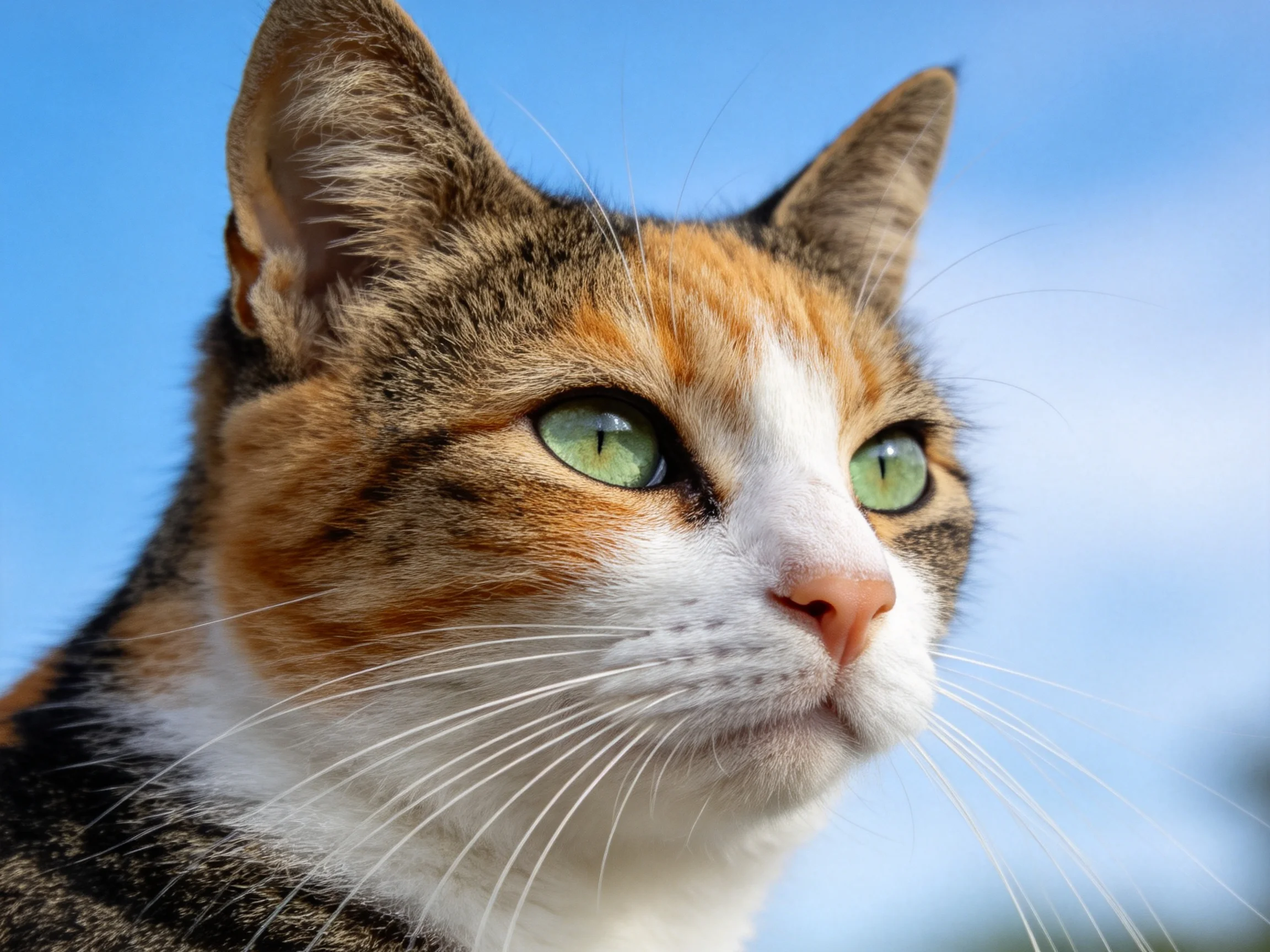 A calico cat gazes thoughtfully under a bright blue sky.