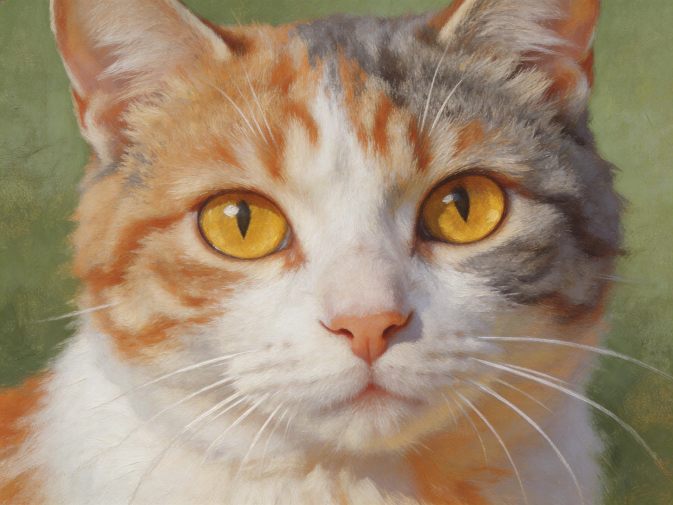 A close - up of a calico cat with bright yellow eyes