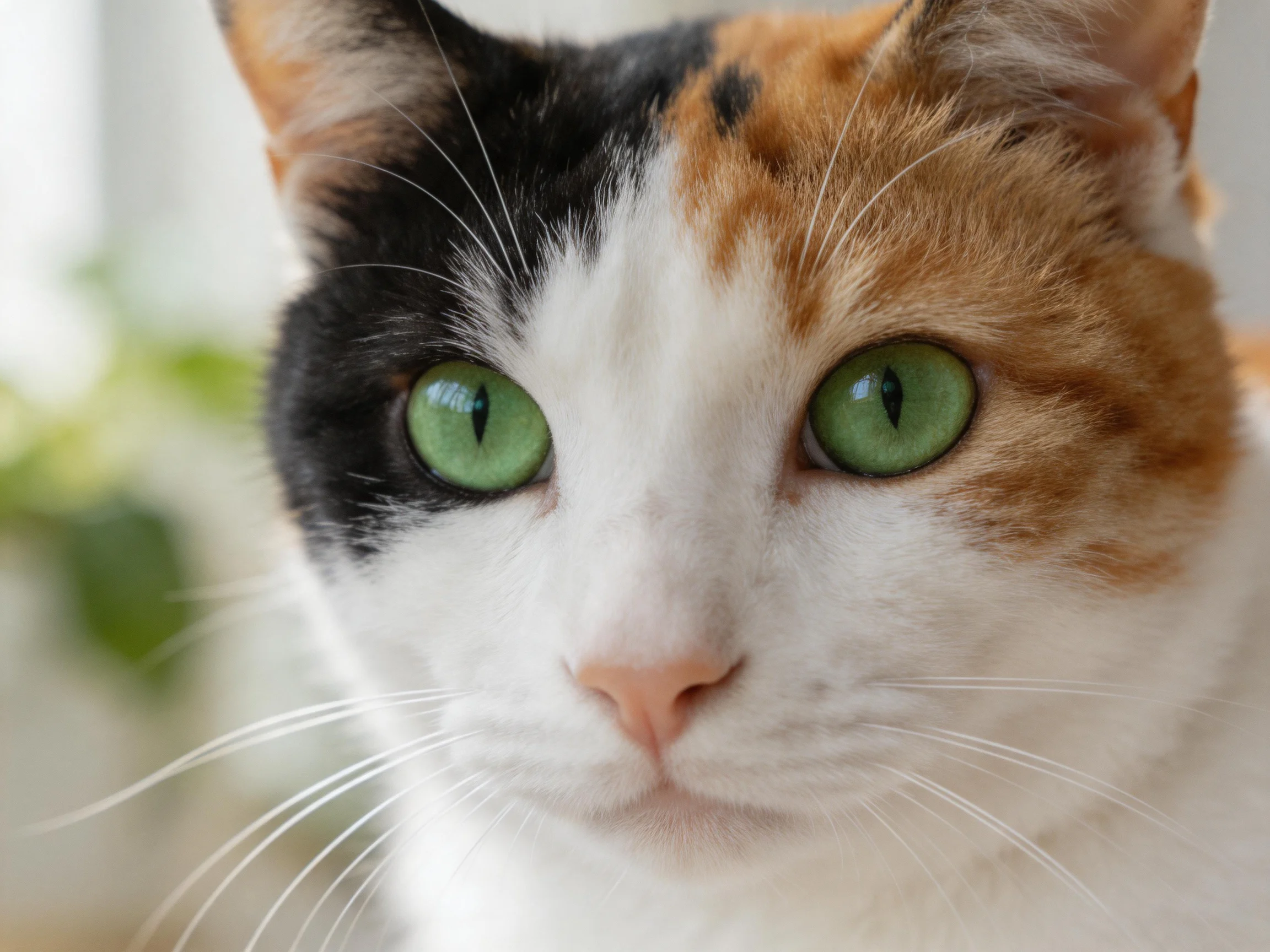 A calico cat with bright green eyes is prominently displayed in focus