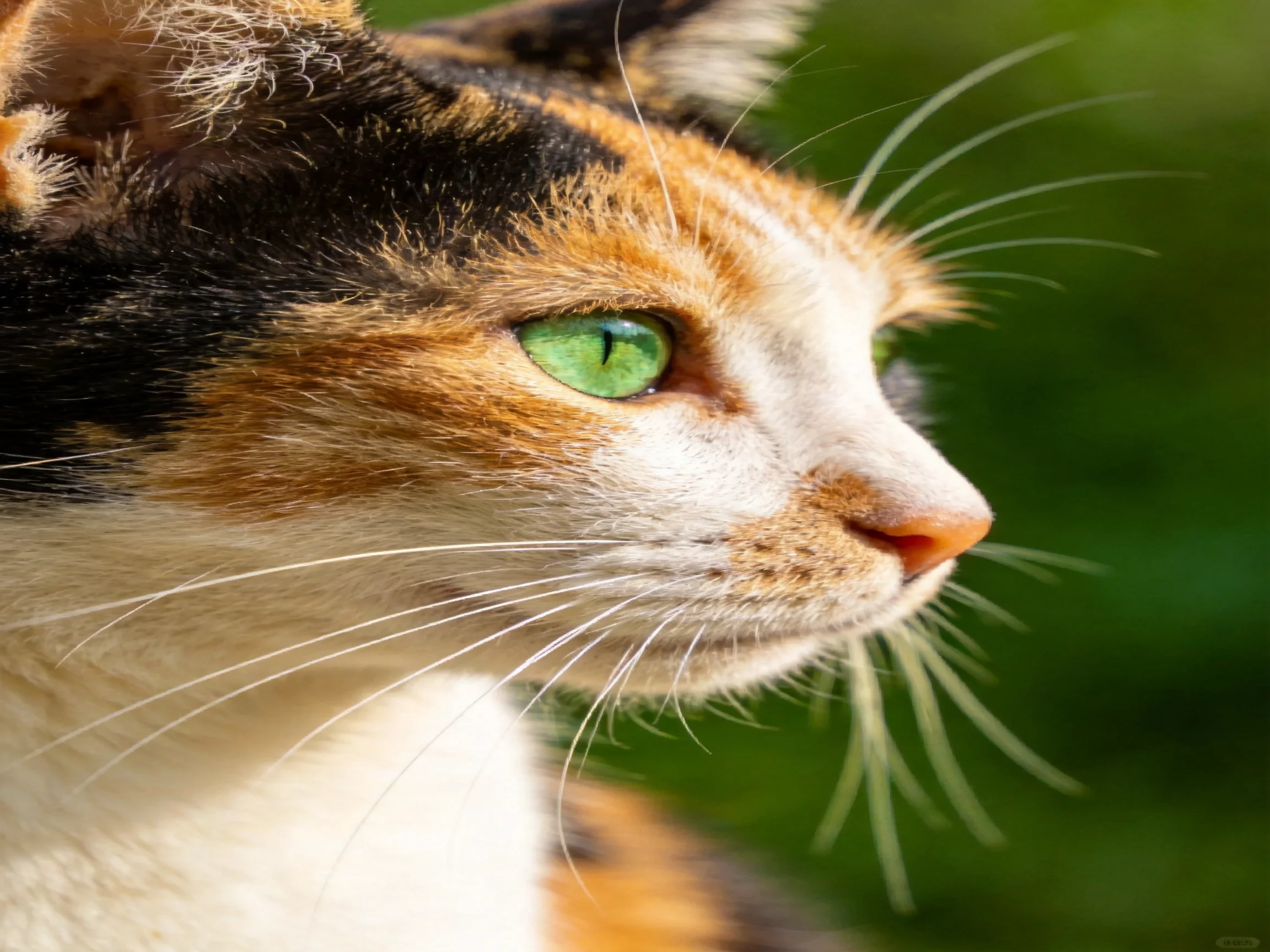 A calico cat with green eyes is shown in a close - up profile.