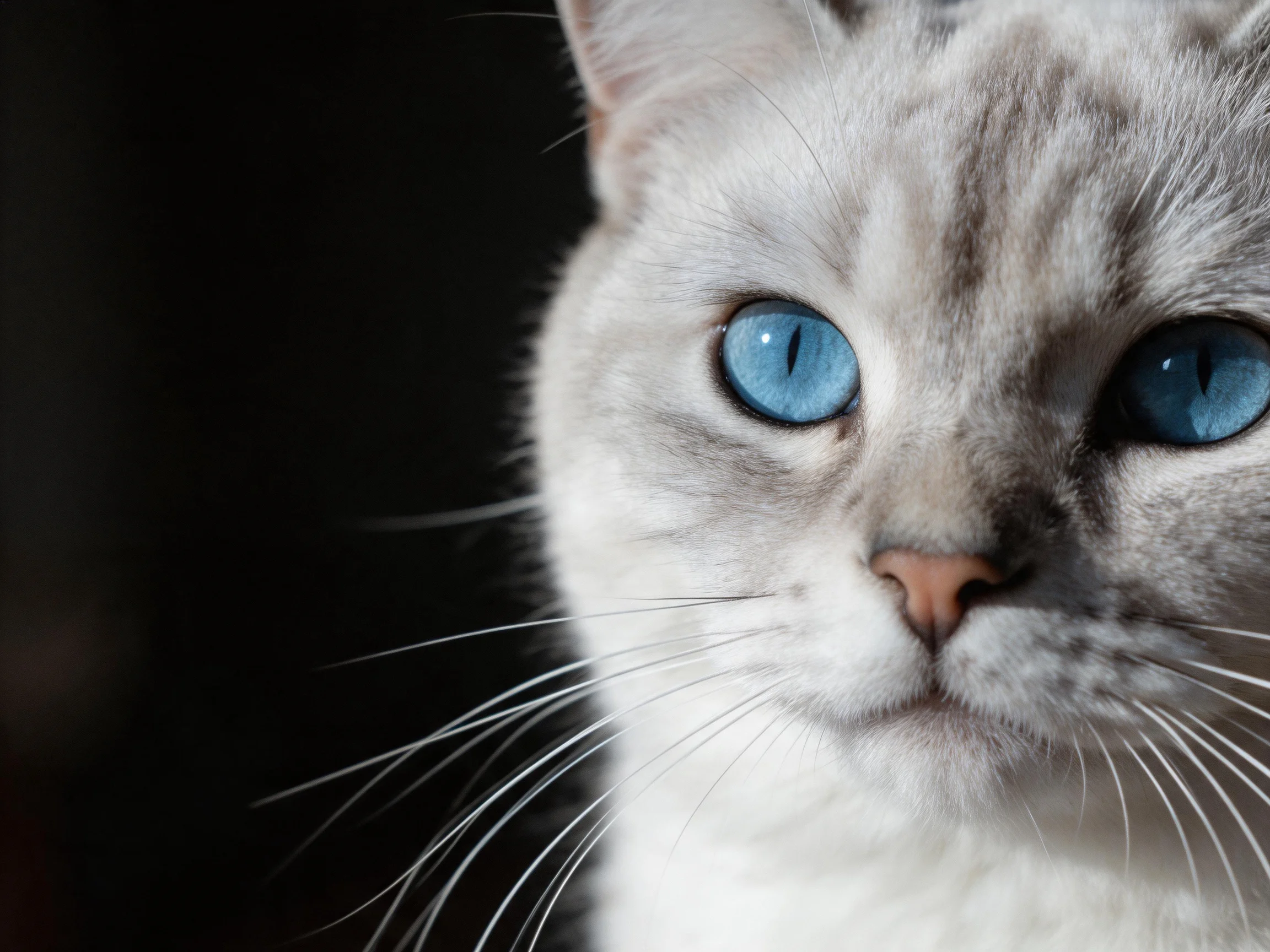 A cat with bright blue eyes is shown in a close - up photograph.