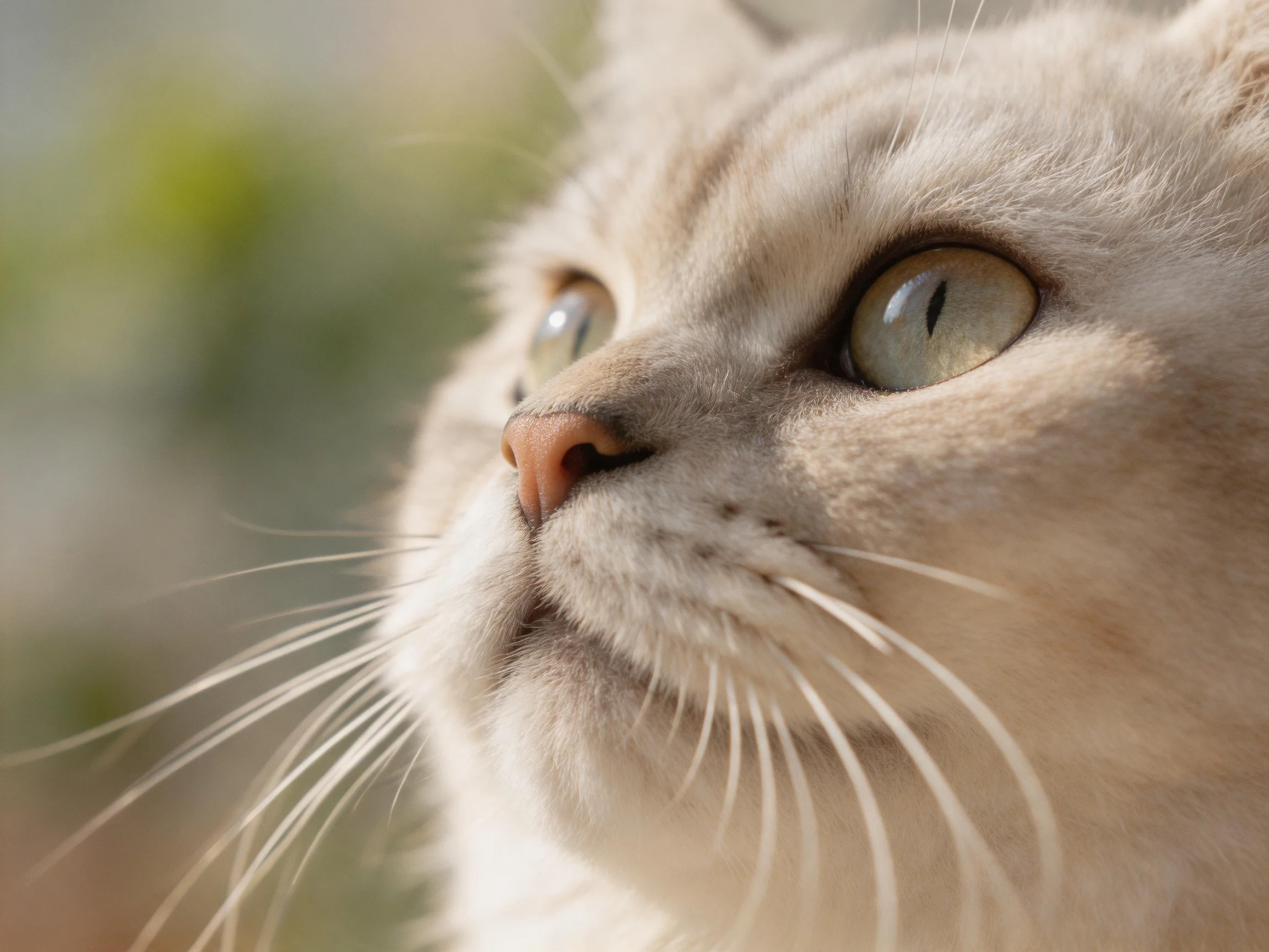 A close - up of a cream - coated cat with large green eyes and prominent whiskers