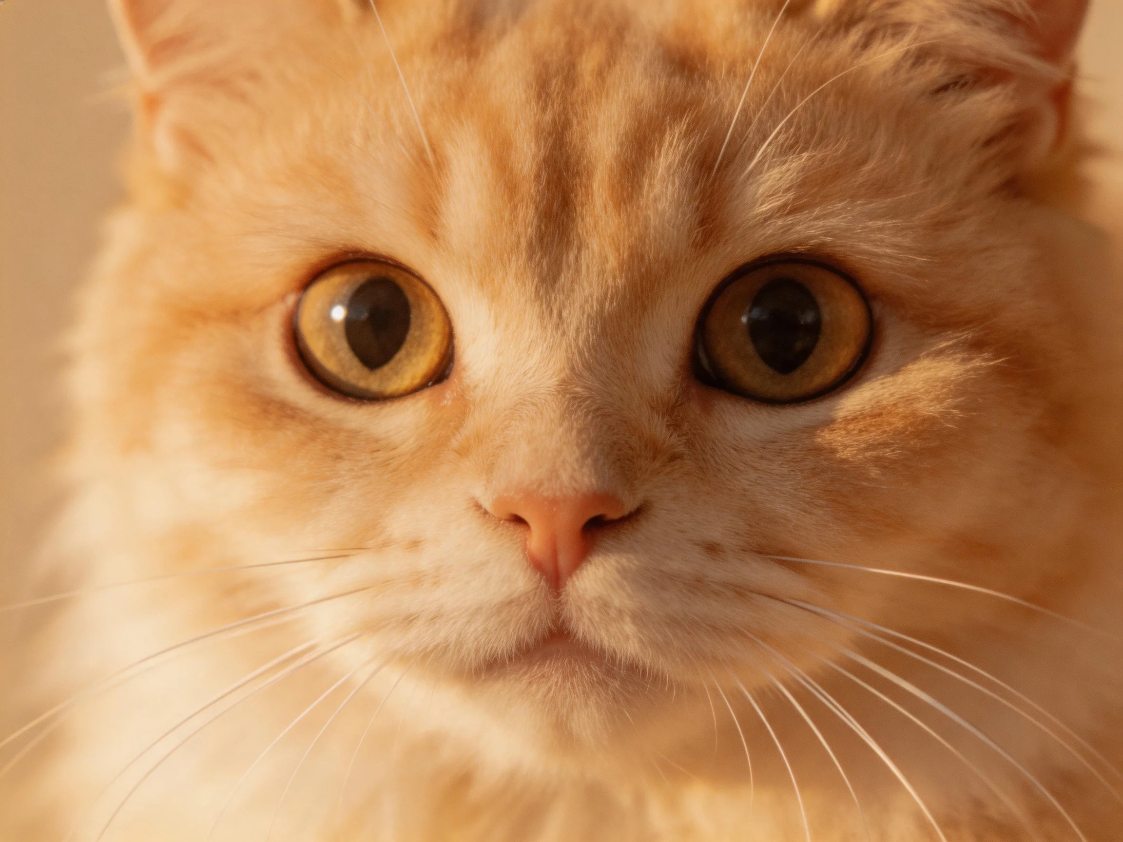 A fluffy orange cat stares directly at the camera with wide amber eyes