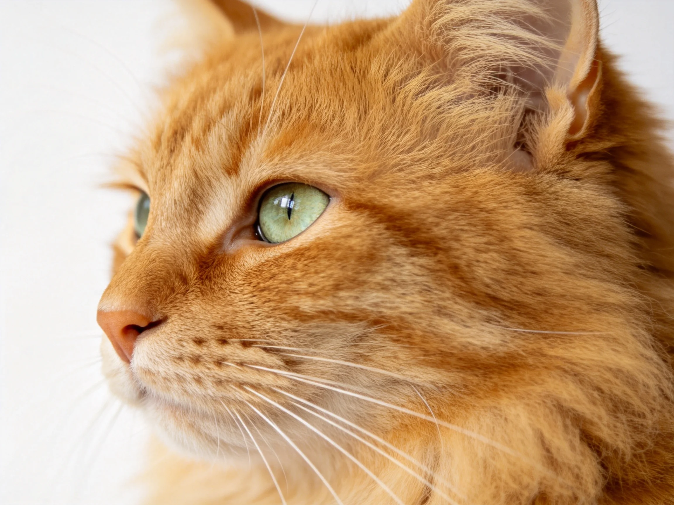 A close - up focuses on a fluffy orange tabby cat with bright green eyes.