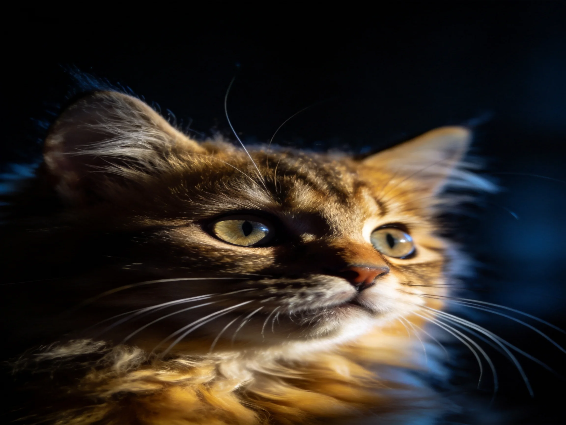 A close - up highlights a tabby cat with golden eyes under dramatic lighting.