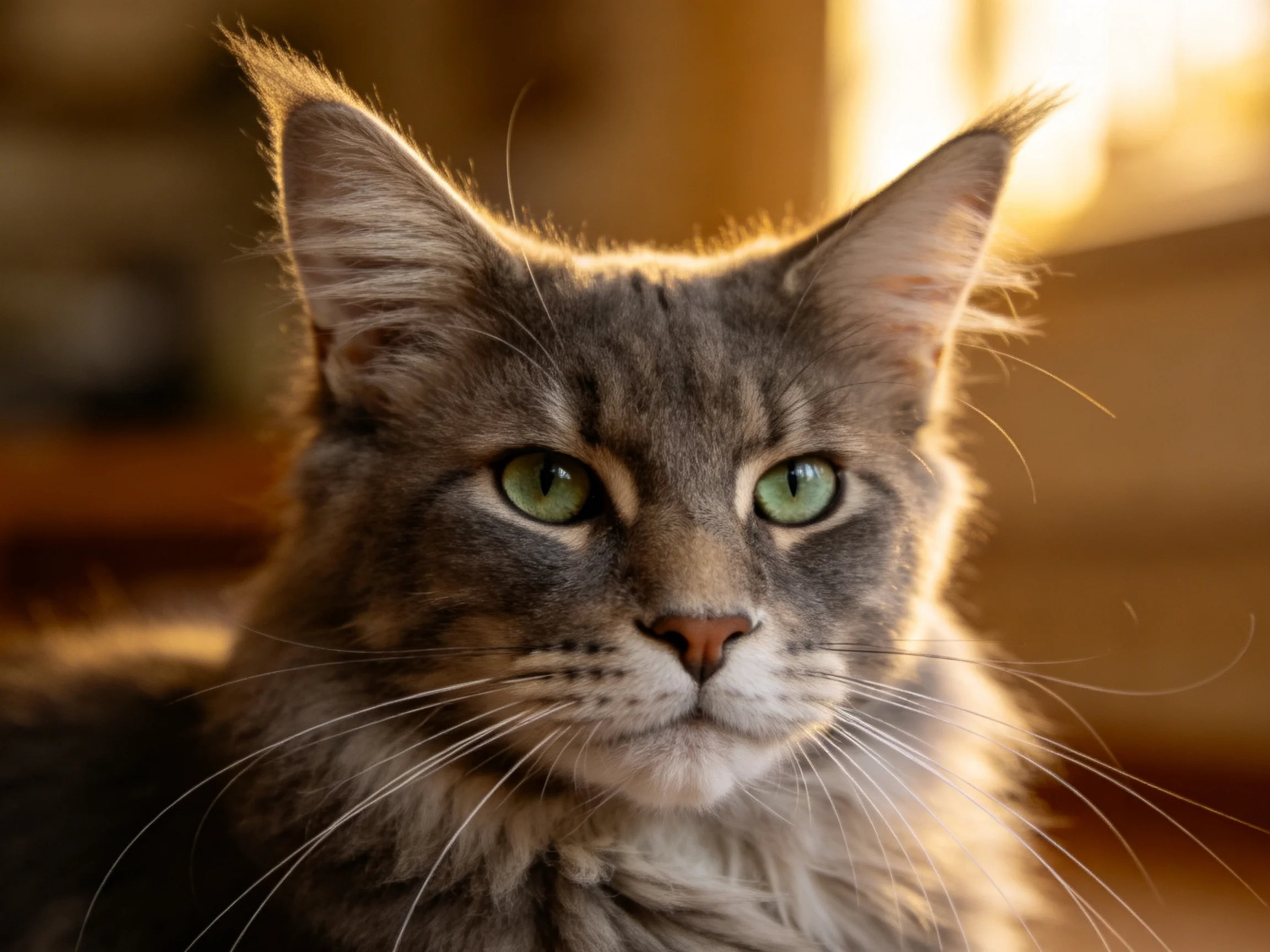 A gray Maine Coon cat with bright green eyes is shown in a close - up photograph.