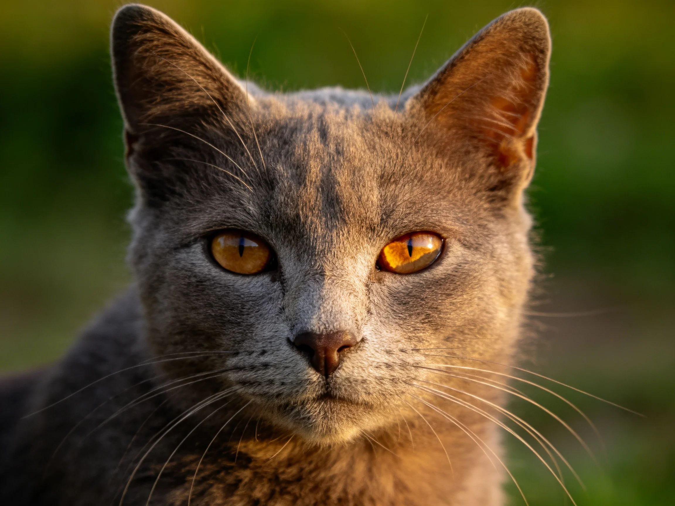 A close - up of a gray cat with amber eyes in natural sunlight