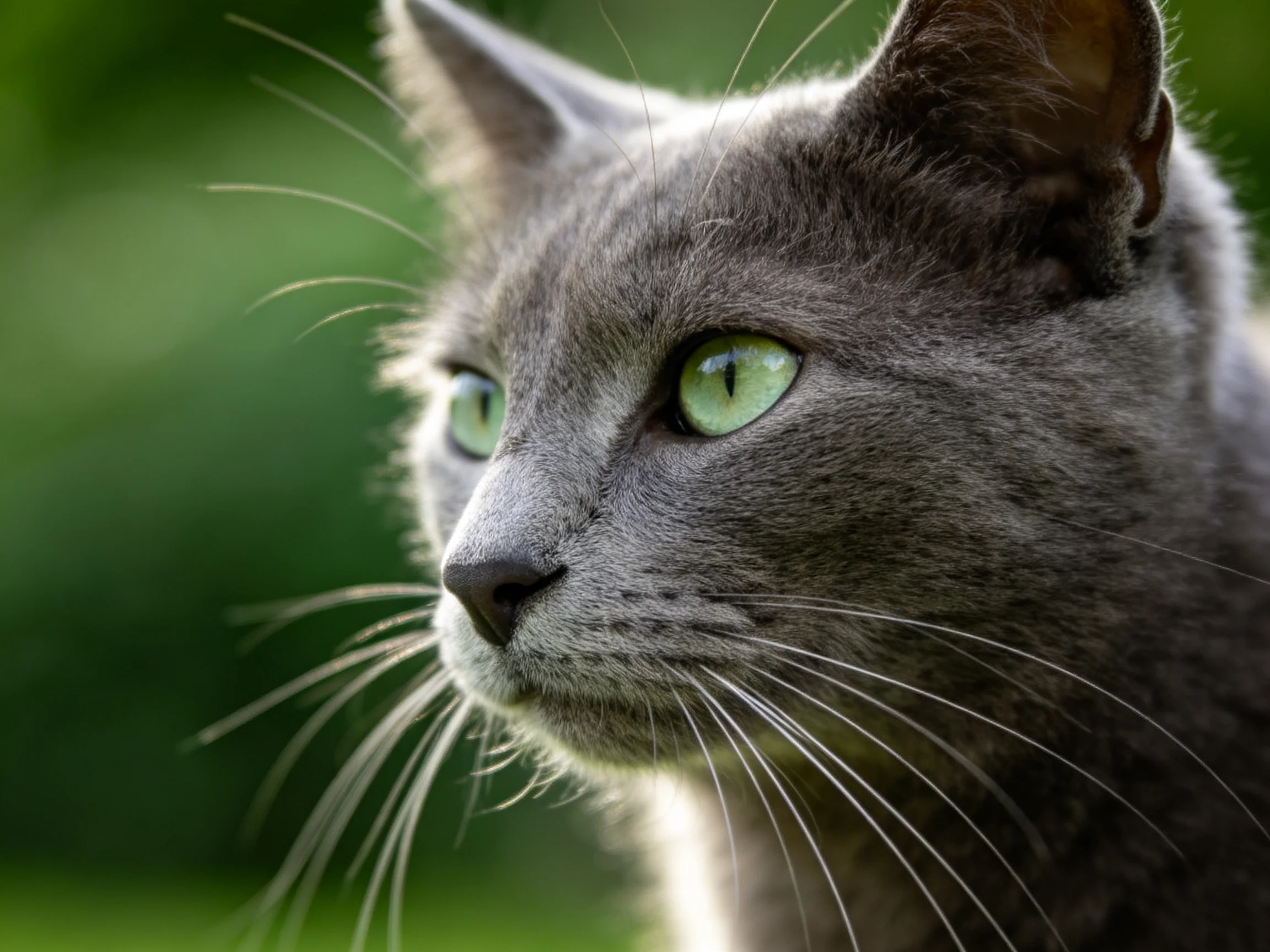A gray cat with bright green eyes gazes thoughtfully into the distance.