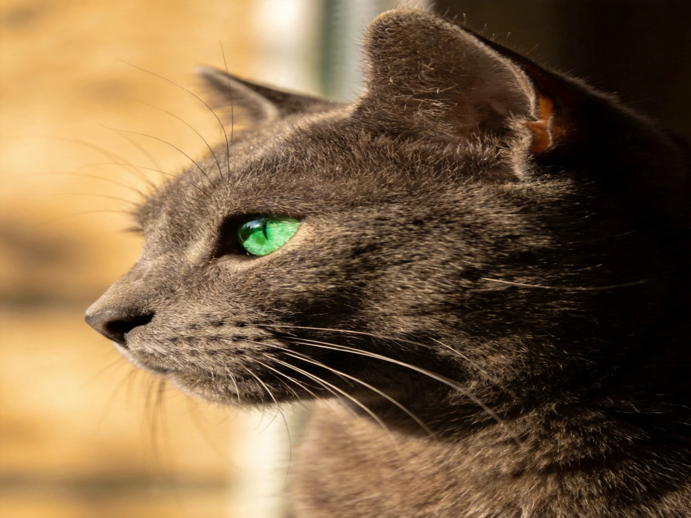 A gray cat with green eyes gazes near a window