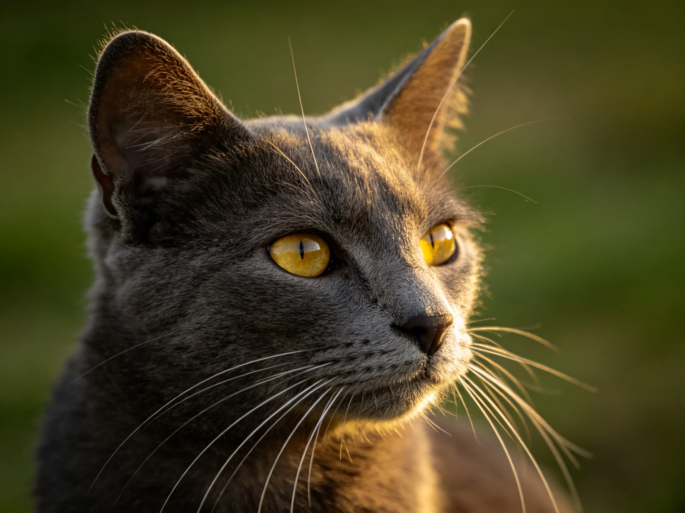 A gray cat with bright yellow eyes is featured in a close - up with a blurred green background.