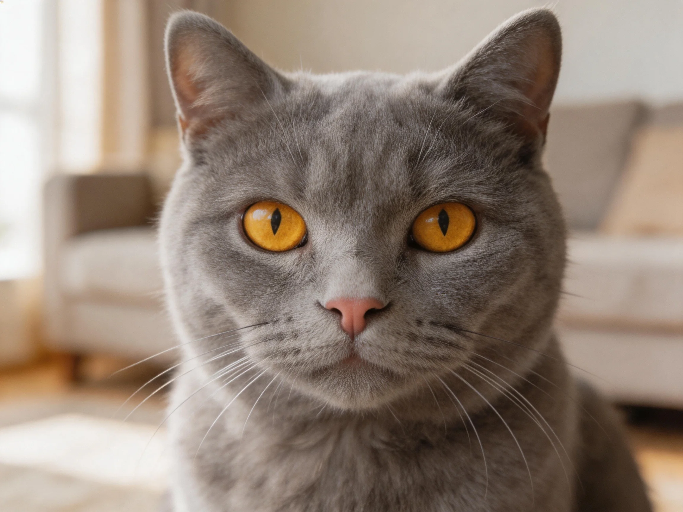A gray cat with vivid yellow eyes is in a softly lit living room.